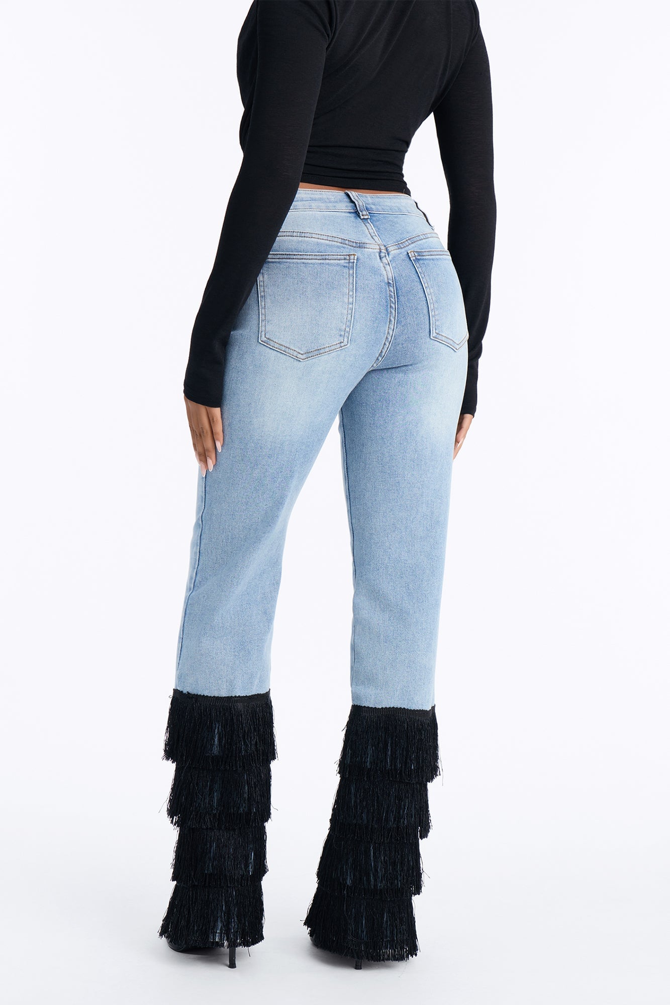 Lambada Fringe Mid Waist Straight Leg Jeans - Light Wash image 4