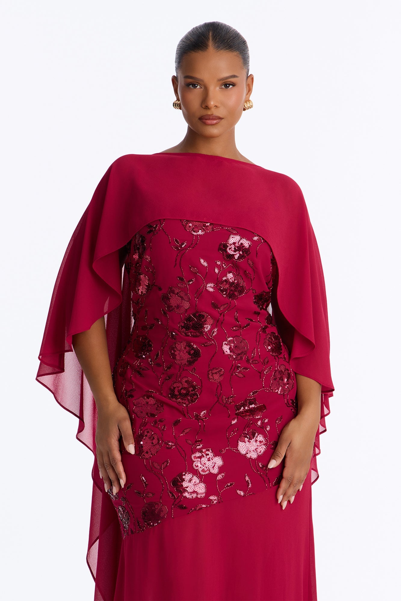 Night Sparkle Embellished Cape Gown - Raspberry image 2