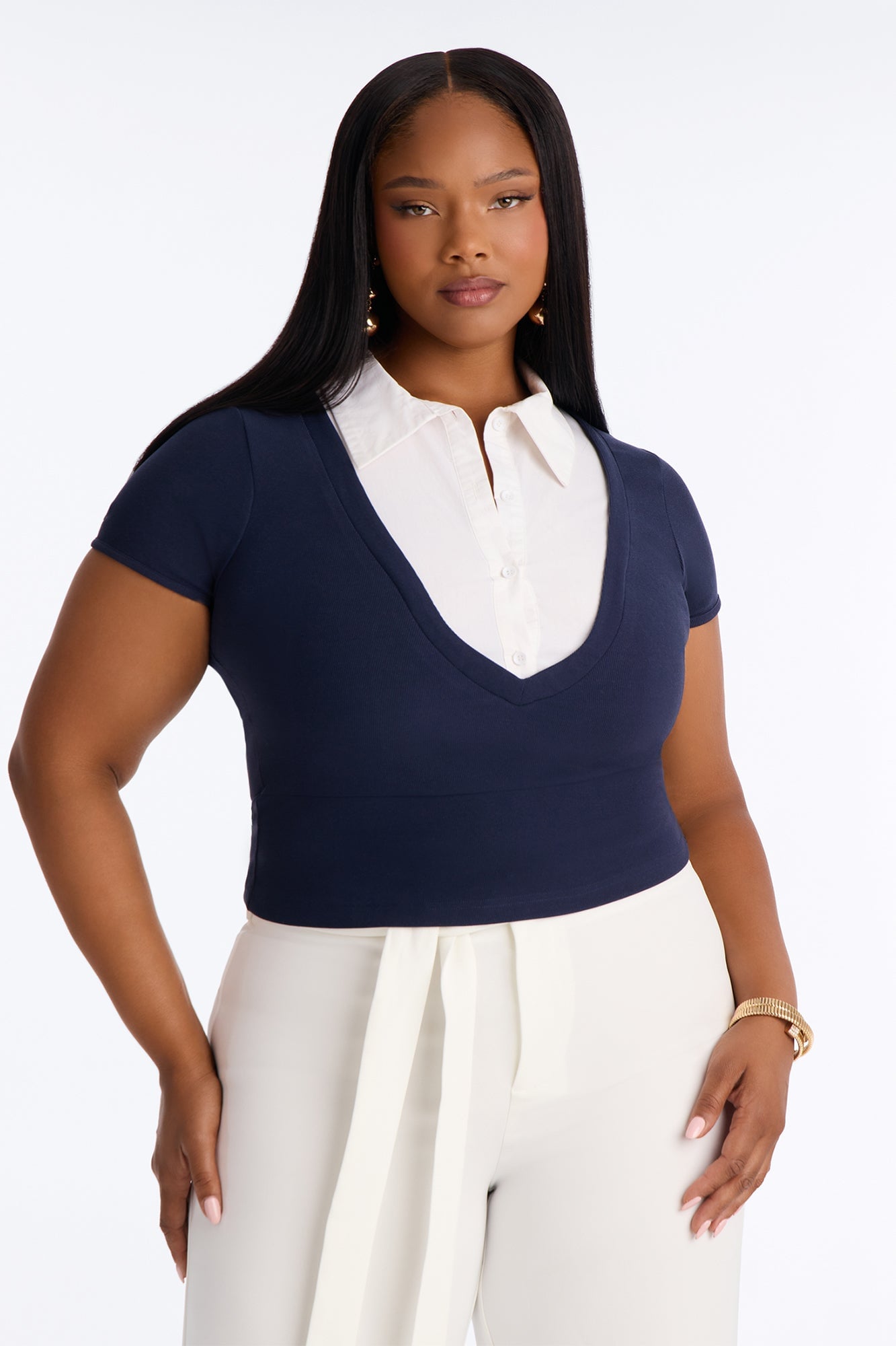Keep It Professional Ribbed Collared Short Sleeve Top - Navy/combo image 1