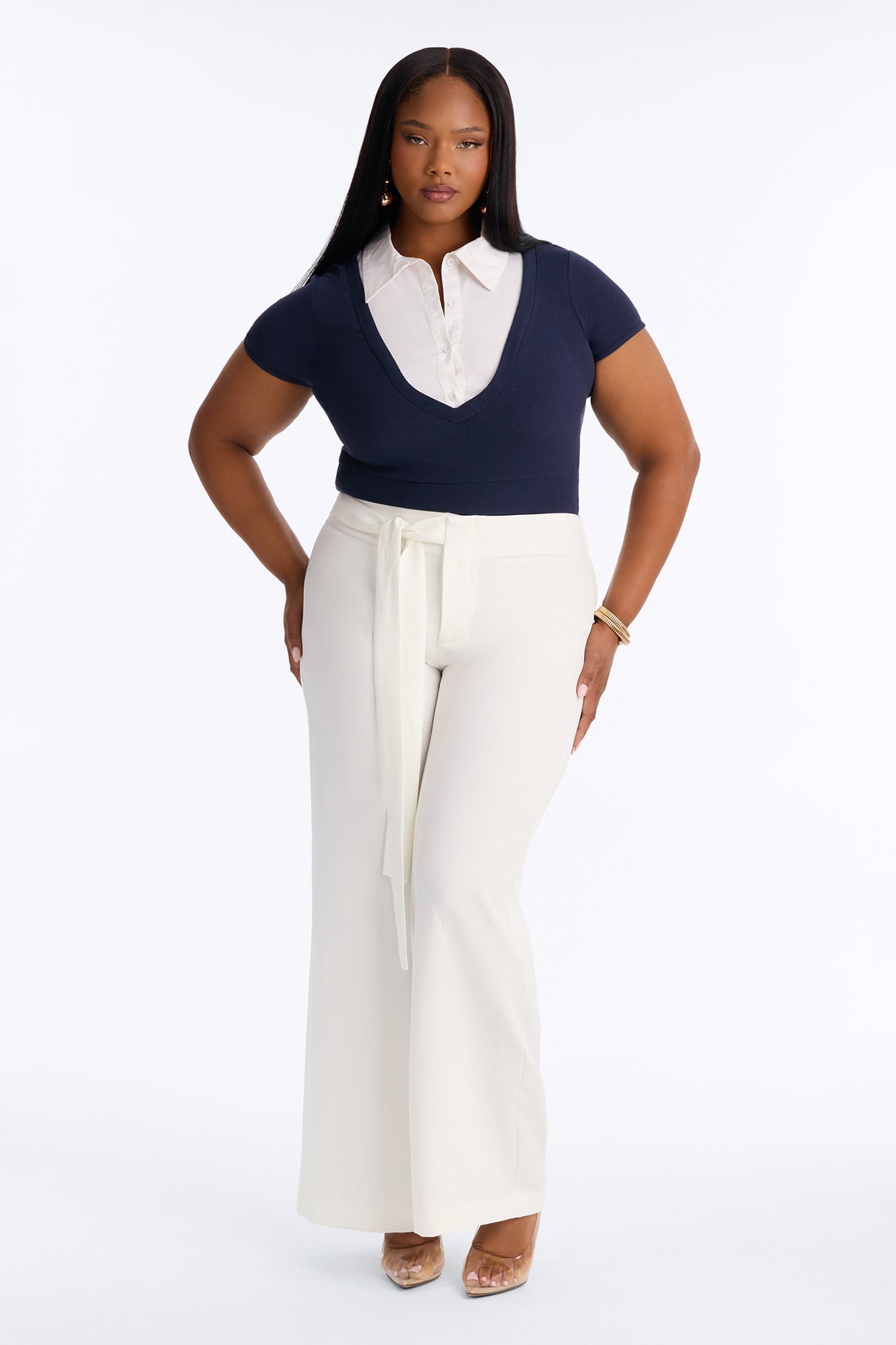 Keep It Professional Ribbed Collared Short Sleeve Top - Navy/combo image 2