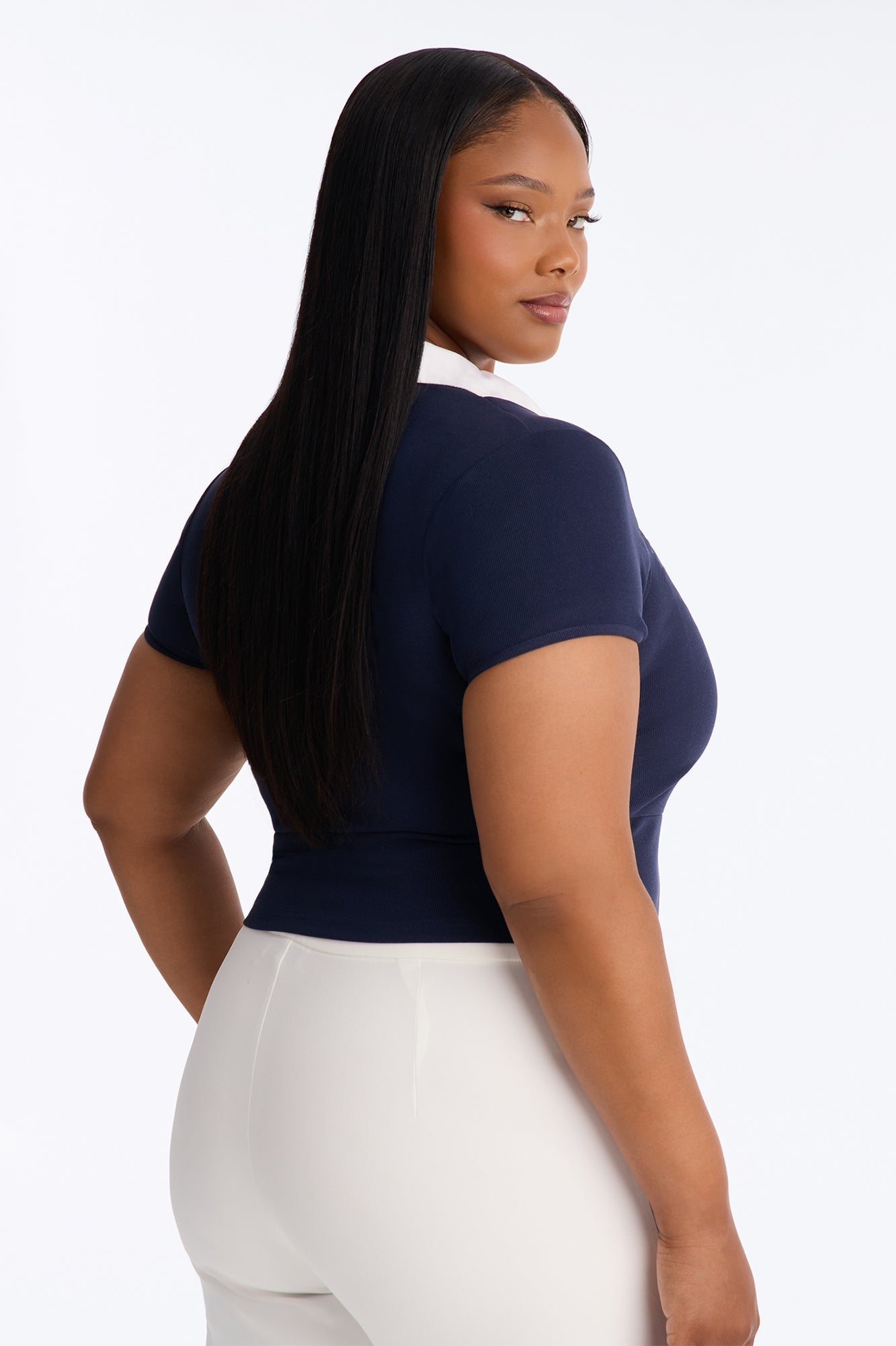 Keep It Professional Ribbed Collared Short Sleeve Top - Navy/combo image 3