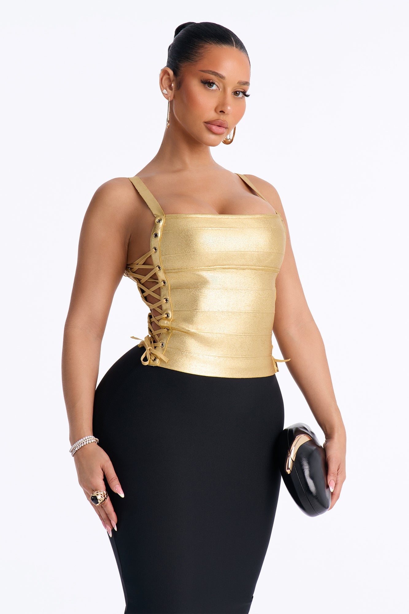Bad Decisions Lace Up Metallic Bandage Top - Gold image 5