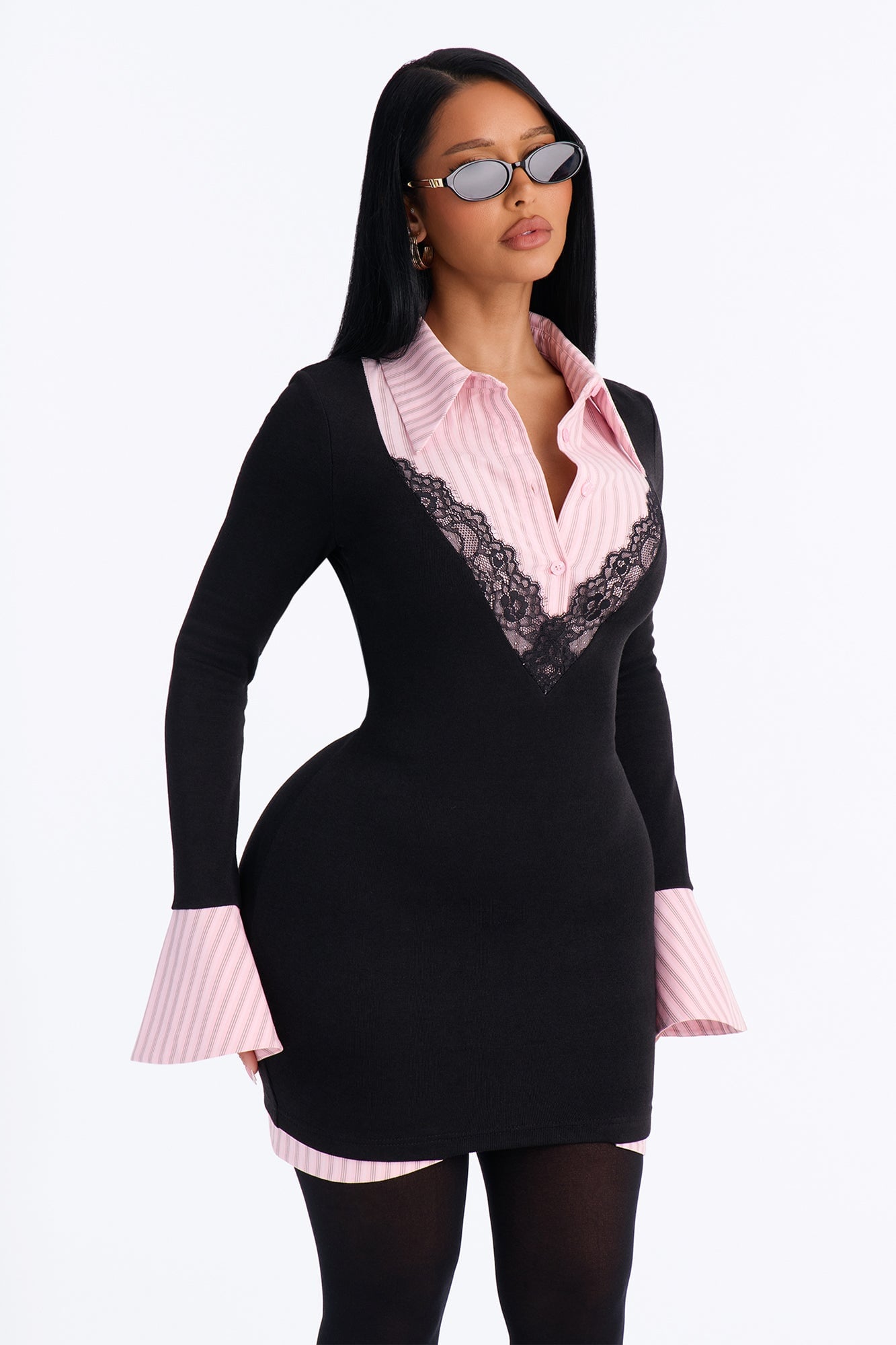 Cut To The Chase Collar Mini Dress - Black/Pink image 6