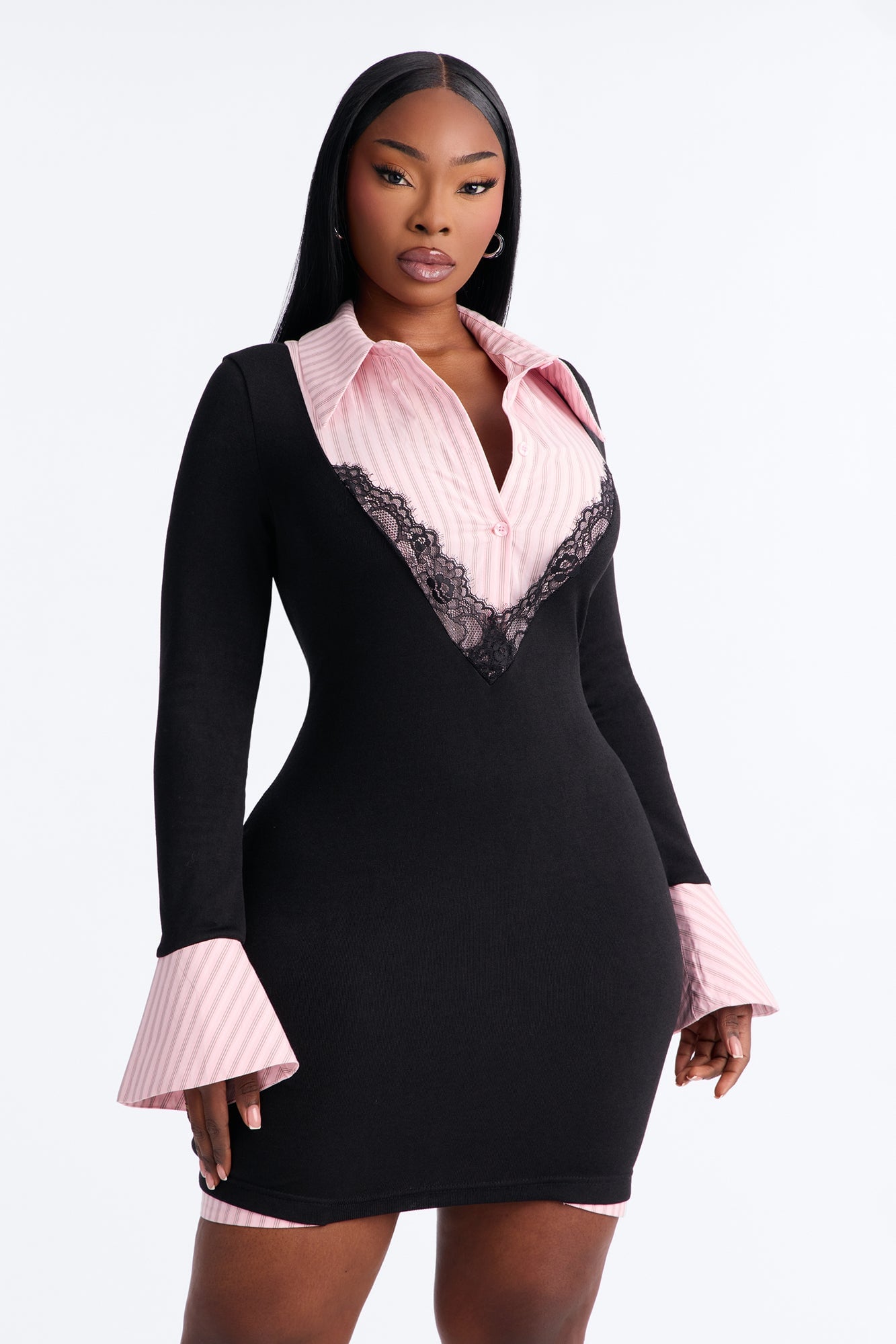 Cut To The Chase Collar Mini Dress - Black/Pink image 1