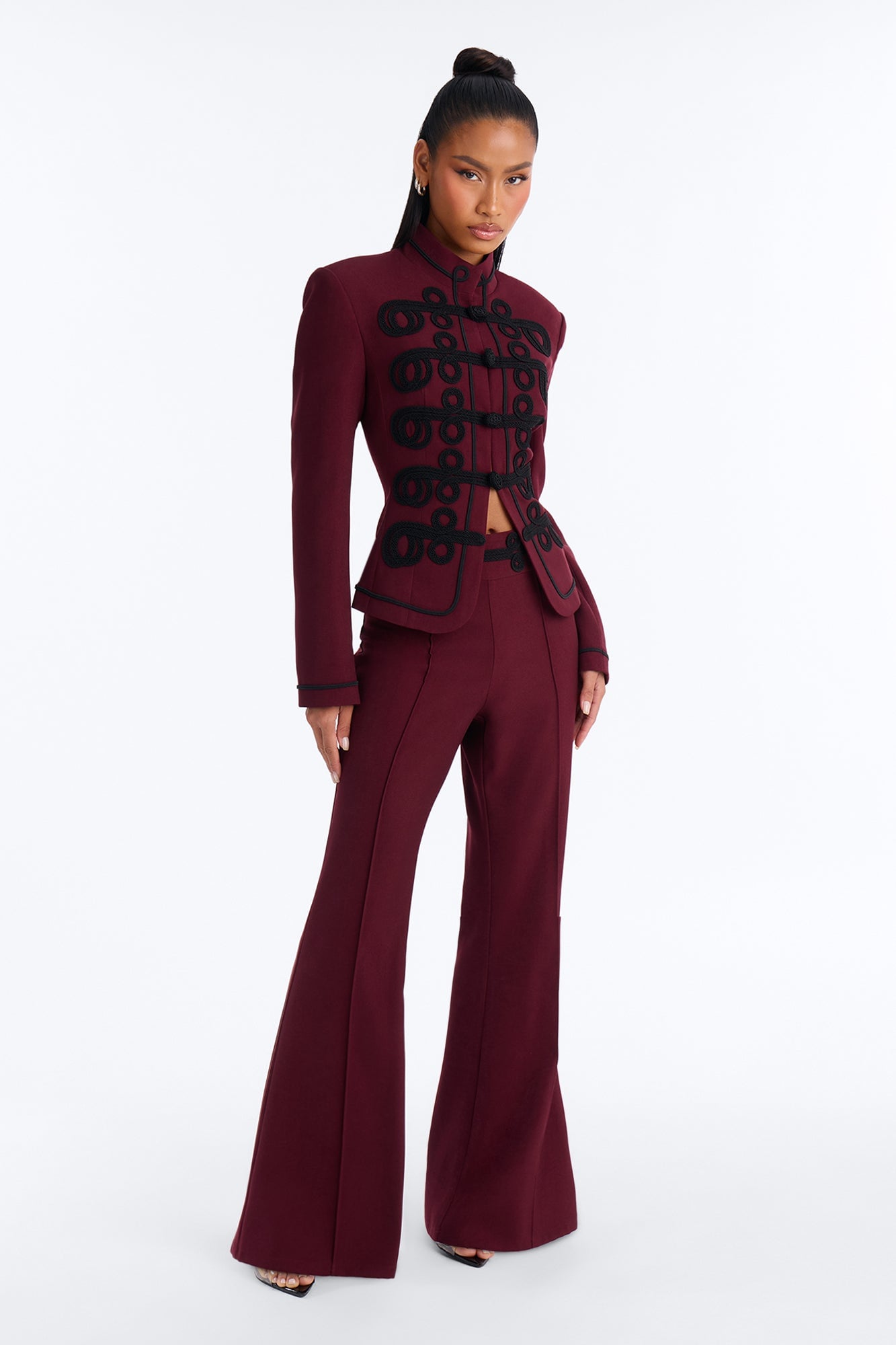 Lexie High Rise Contrast Frogging Trim Flared Trouser - Burgundy image 5