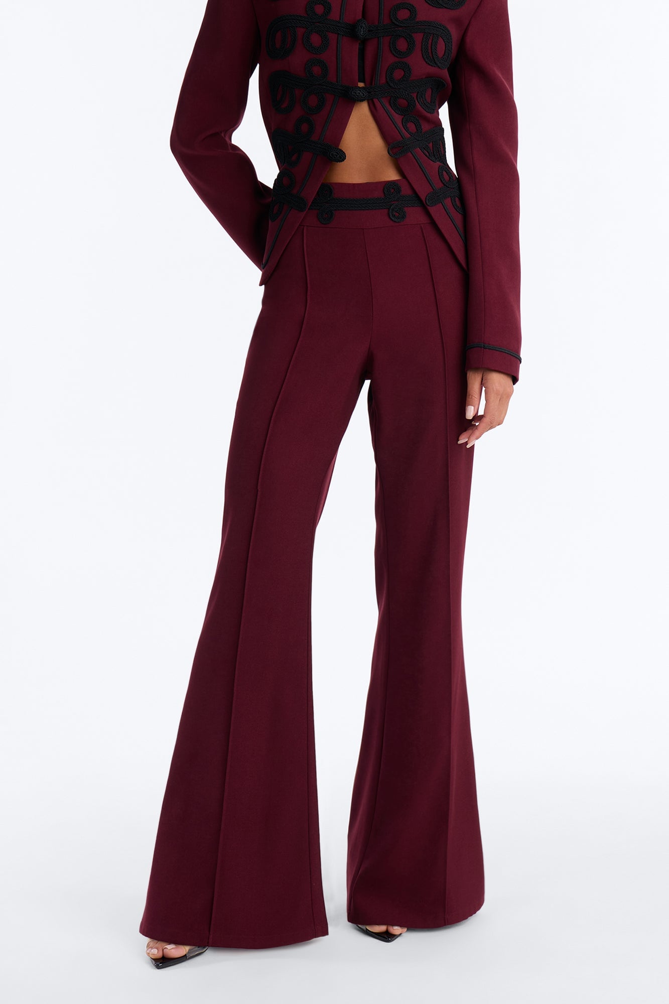 Lexie High Rise Contrast Frogging Trim Flared Trouser - Burgundy image 6