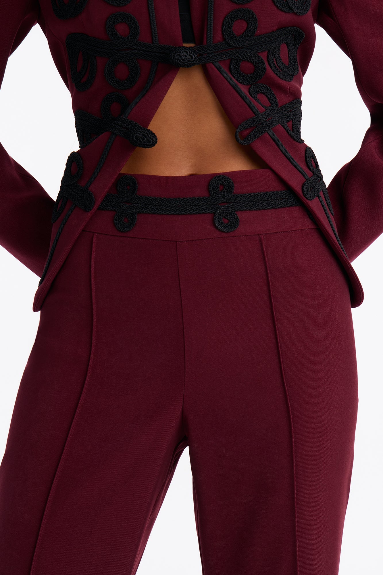 Lexie High Rise Contrast Frogging Trim Flared Trouser - Burgundy image 7