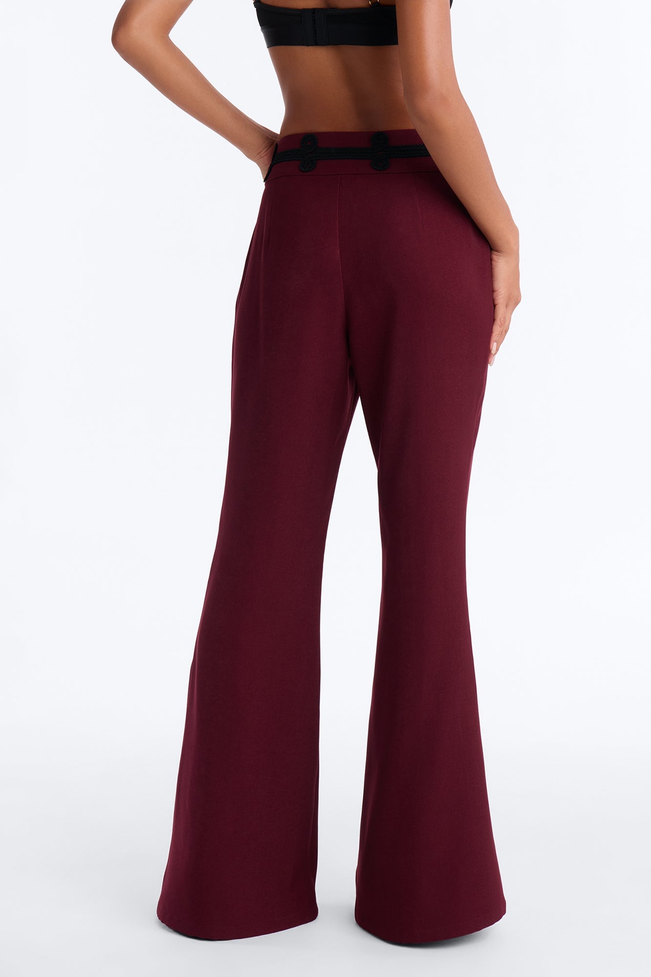 Lexie High Rise Contrast Frogging Trim Flared Trouser - Burgundy image 8