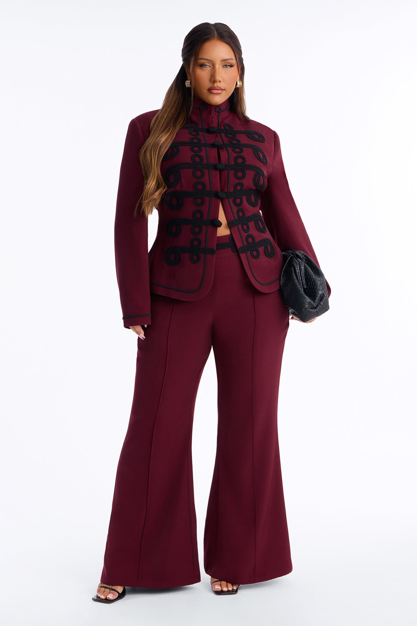 Lexie High Rise Contrast Frogging Trim Flared Trouser - Burgundy image 1