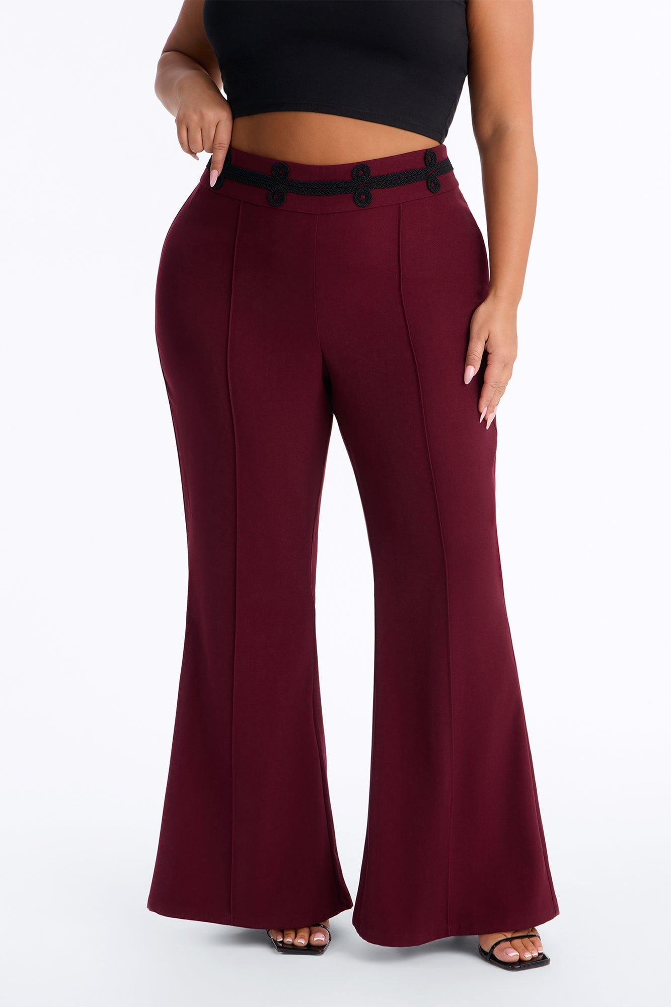 Lexie High Rise Contrast Frogging Trim Flared Trouser - Burgundy image 2