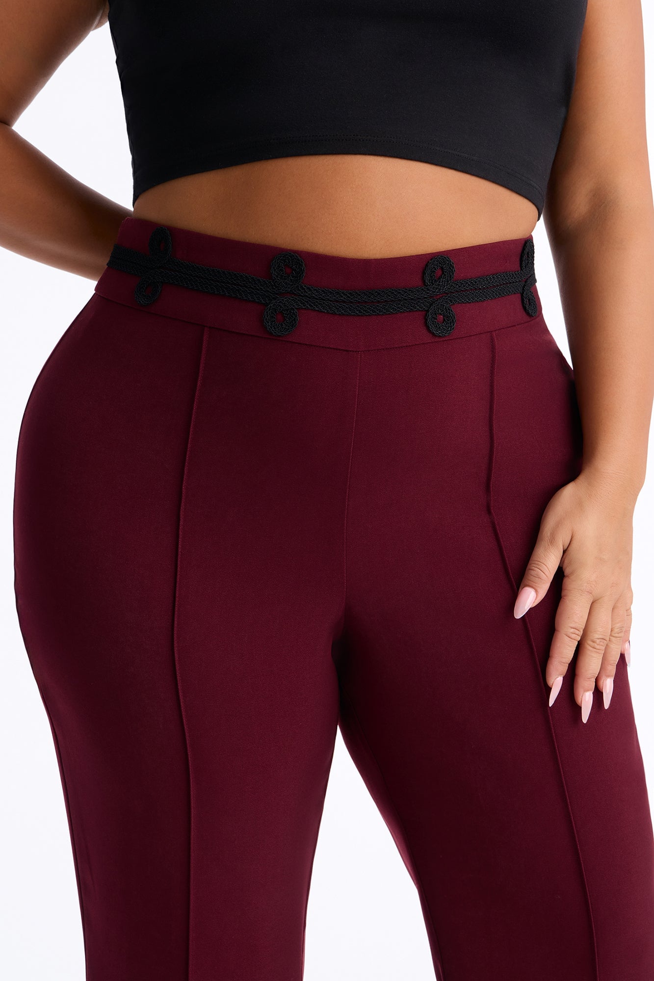 Lexie High Rise Contrast Frogging Trim Flared Trouser - Burgundy image 3