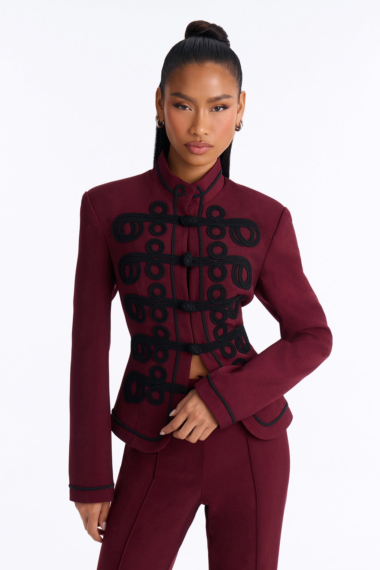 Lexie Single Breasted Contrast Frogging Trim Blazer - Burgundy image 5