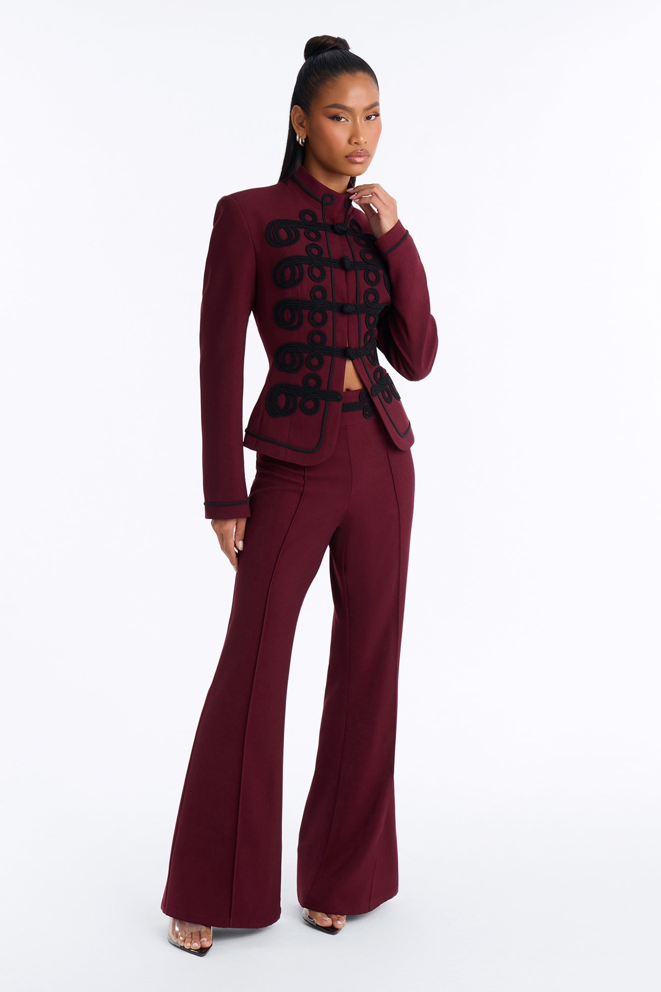 Lexie Single Breasted Contrast Frogging Trim Blazer - Burgundy image 6