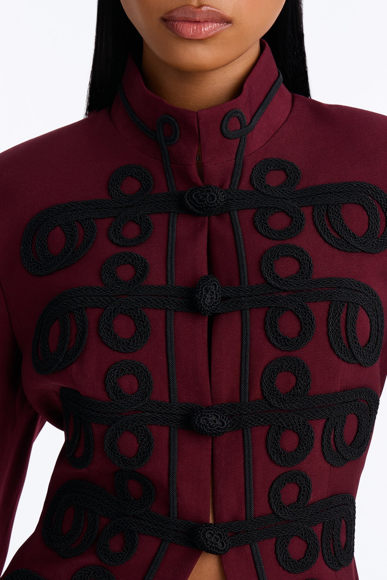 Lexie Single Breasted Contrast Frogging Trim Blazer - Burgundy image 7