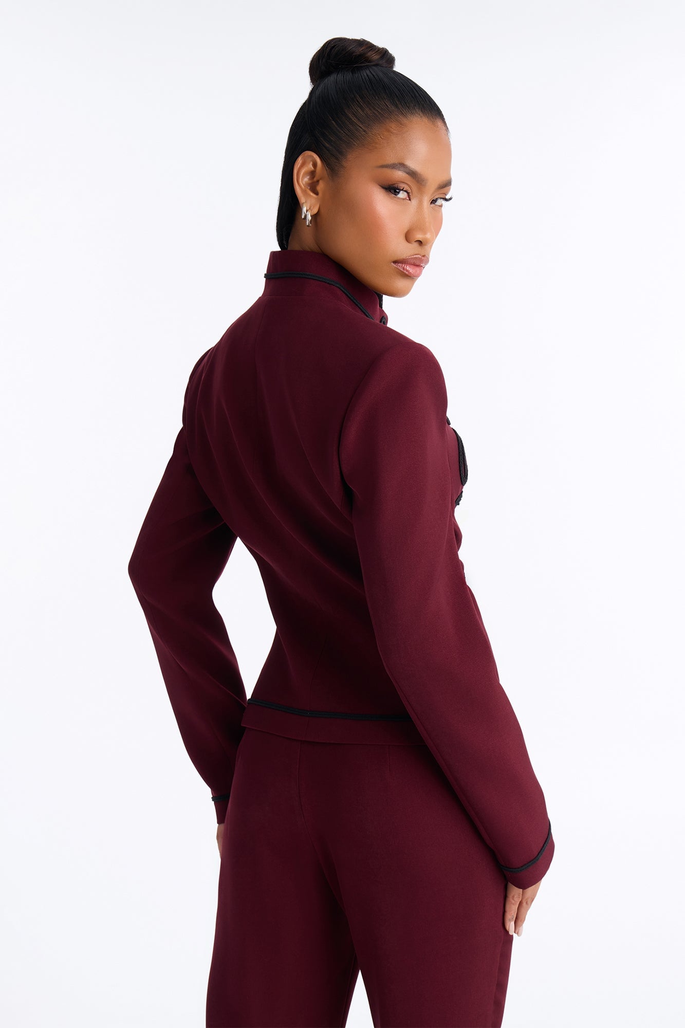 Lexie Single Breasted Contrast Frogging Trim Blazer - Burgundy image 8