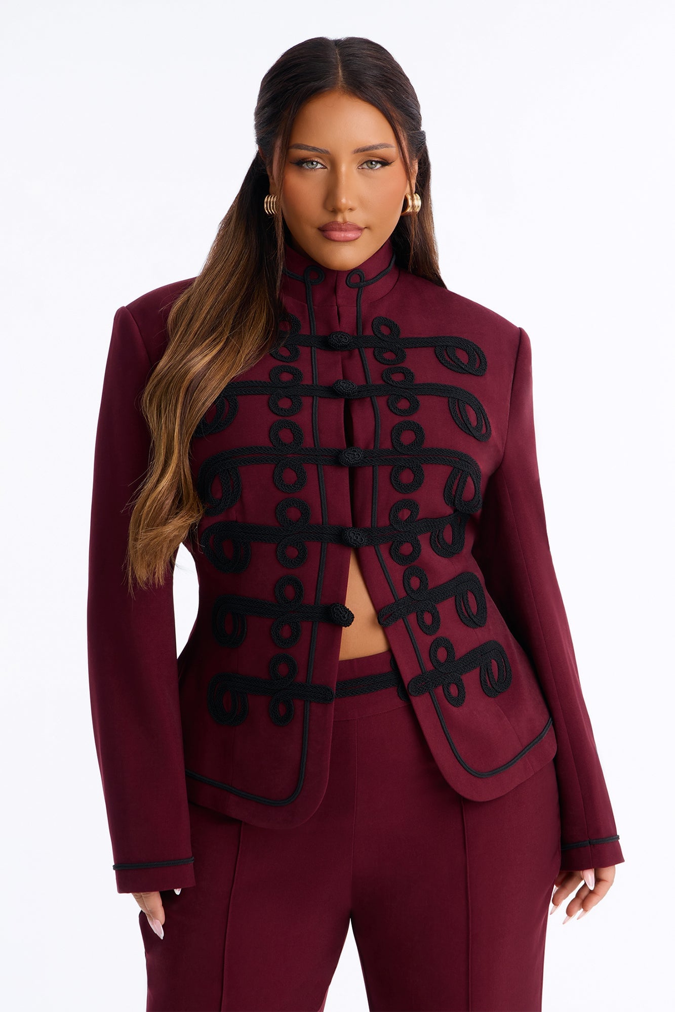Lexie Single Breasted Contrast Frogging Trim Blazer - Burgundy image 1