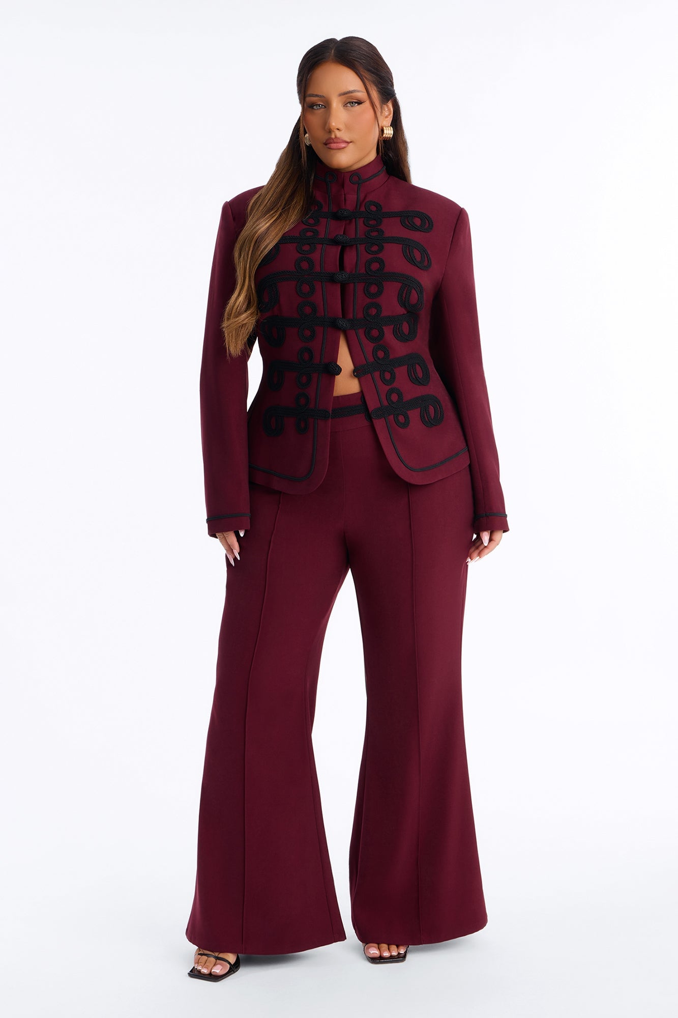 Lexie Single Breasted Contrast Frogging Trim Blazer - Burgundy image 2