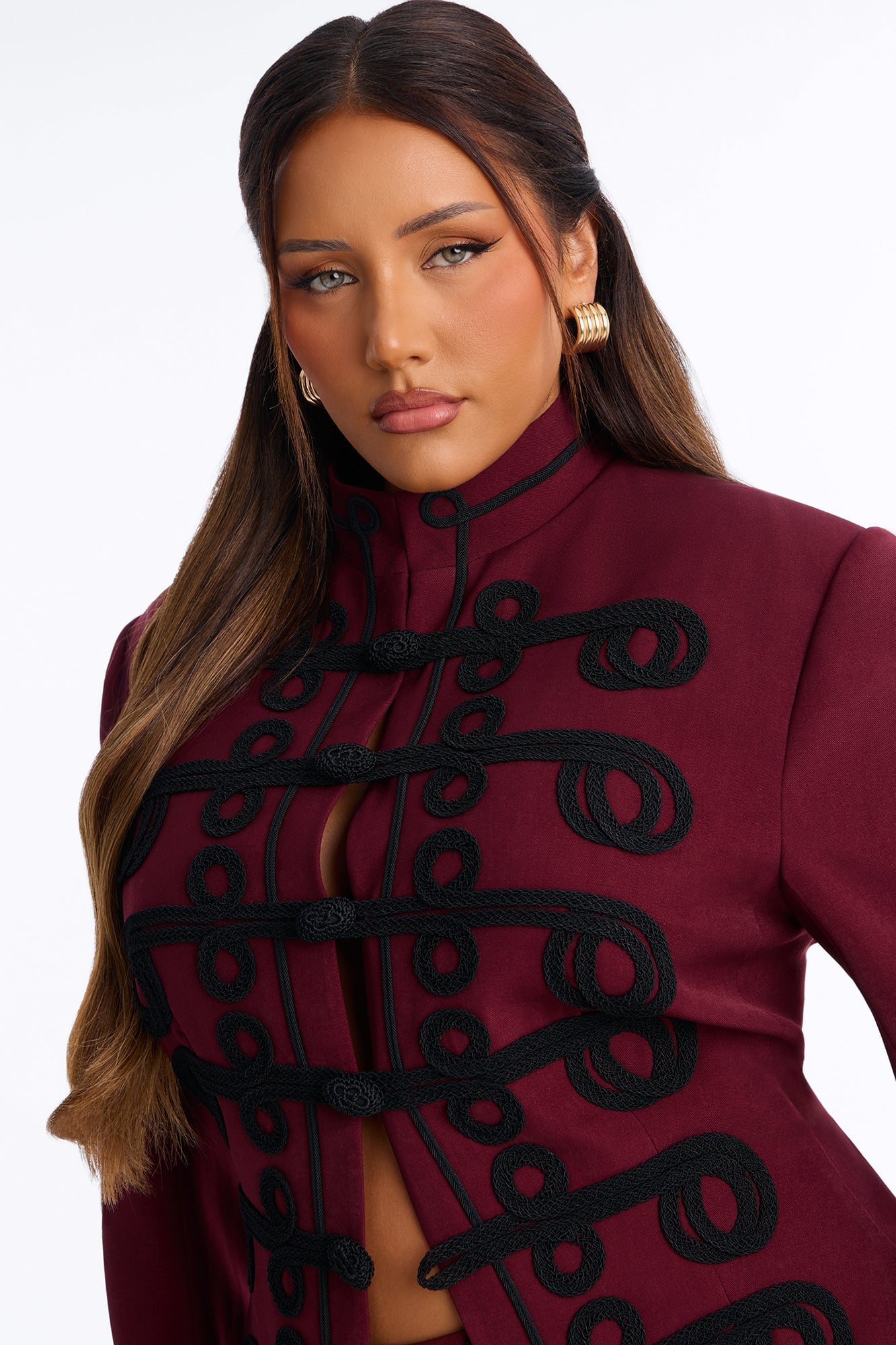 Lexie Single Breasted Contrast Frogging Trim Blazer - Burgundy image 3
