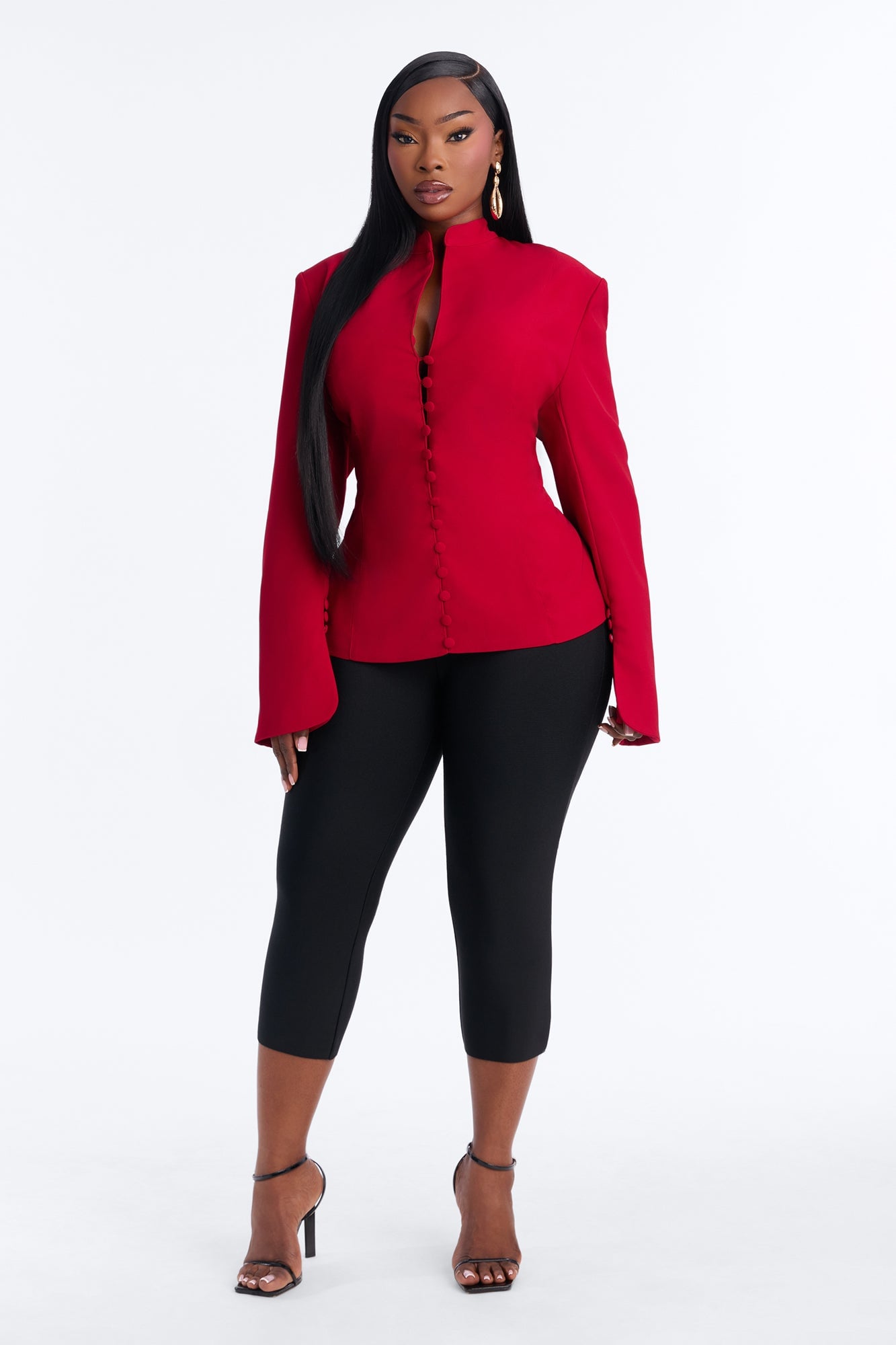 Carla Collarless Button Front Exaggerated Cuff Blazer - DarkRed image 2