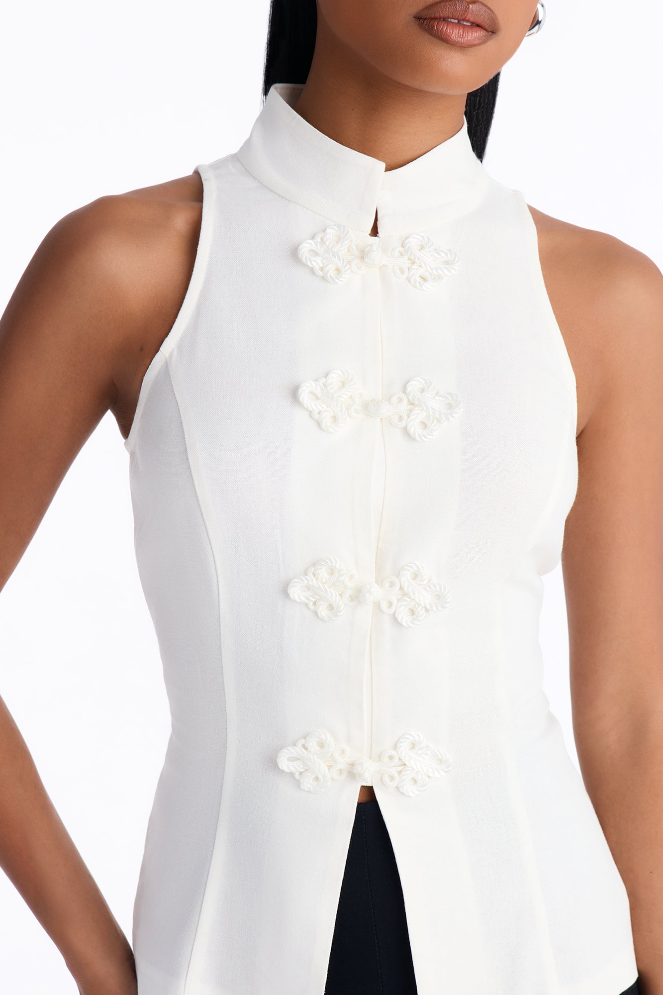 Lily Mock Neck Linen Blouse - White image 7