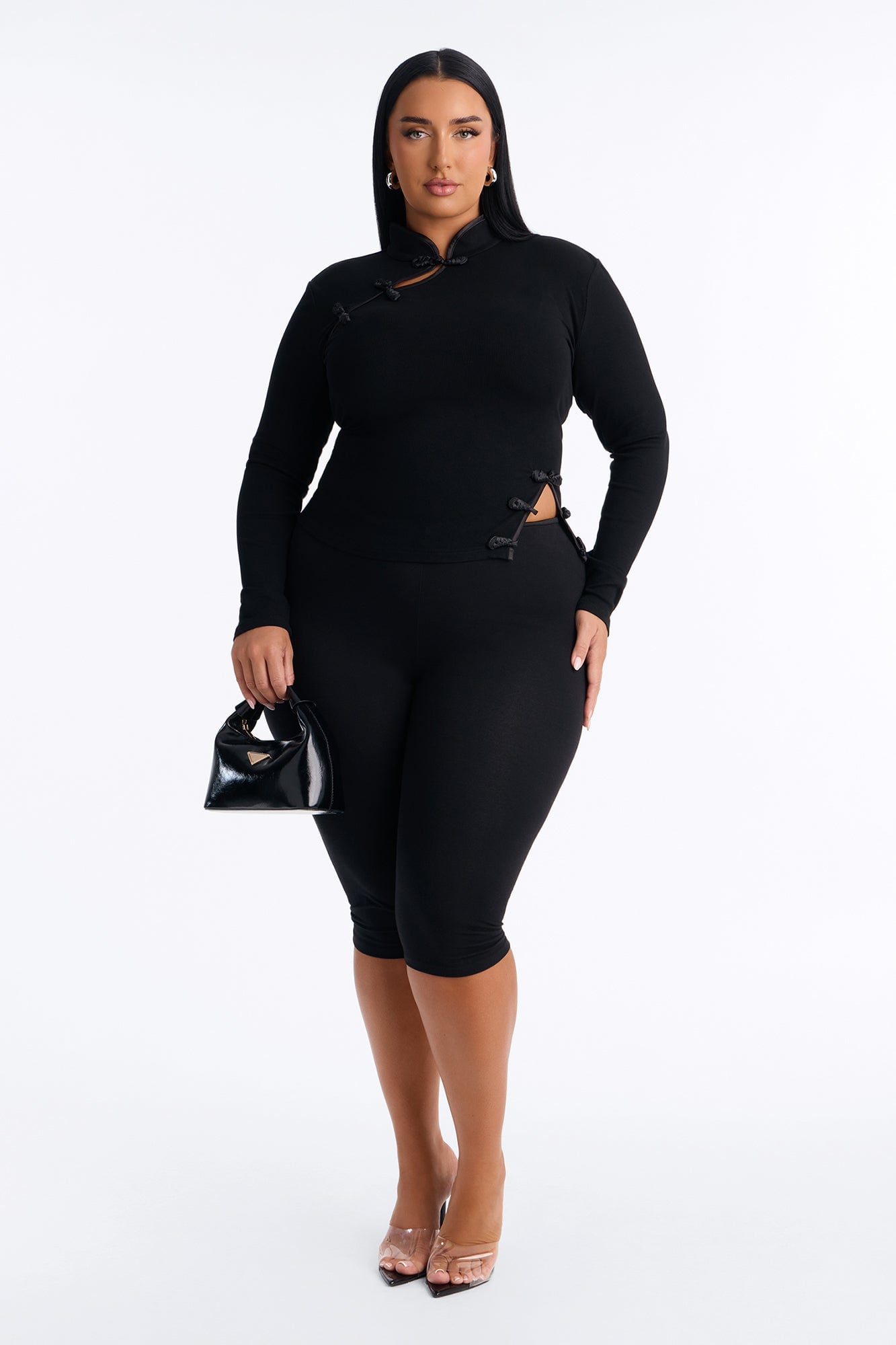 Luna Button Mock Neck Long Sleeve Top - Black image 2