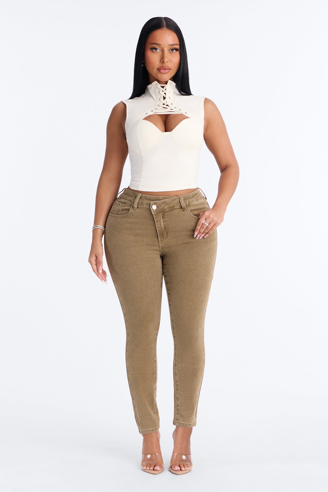 Olive You Forever Crossover Skinny Jeans - Olive image 10