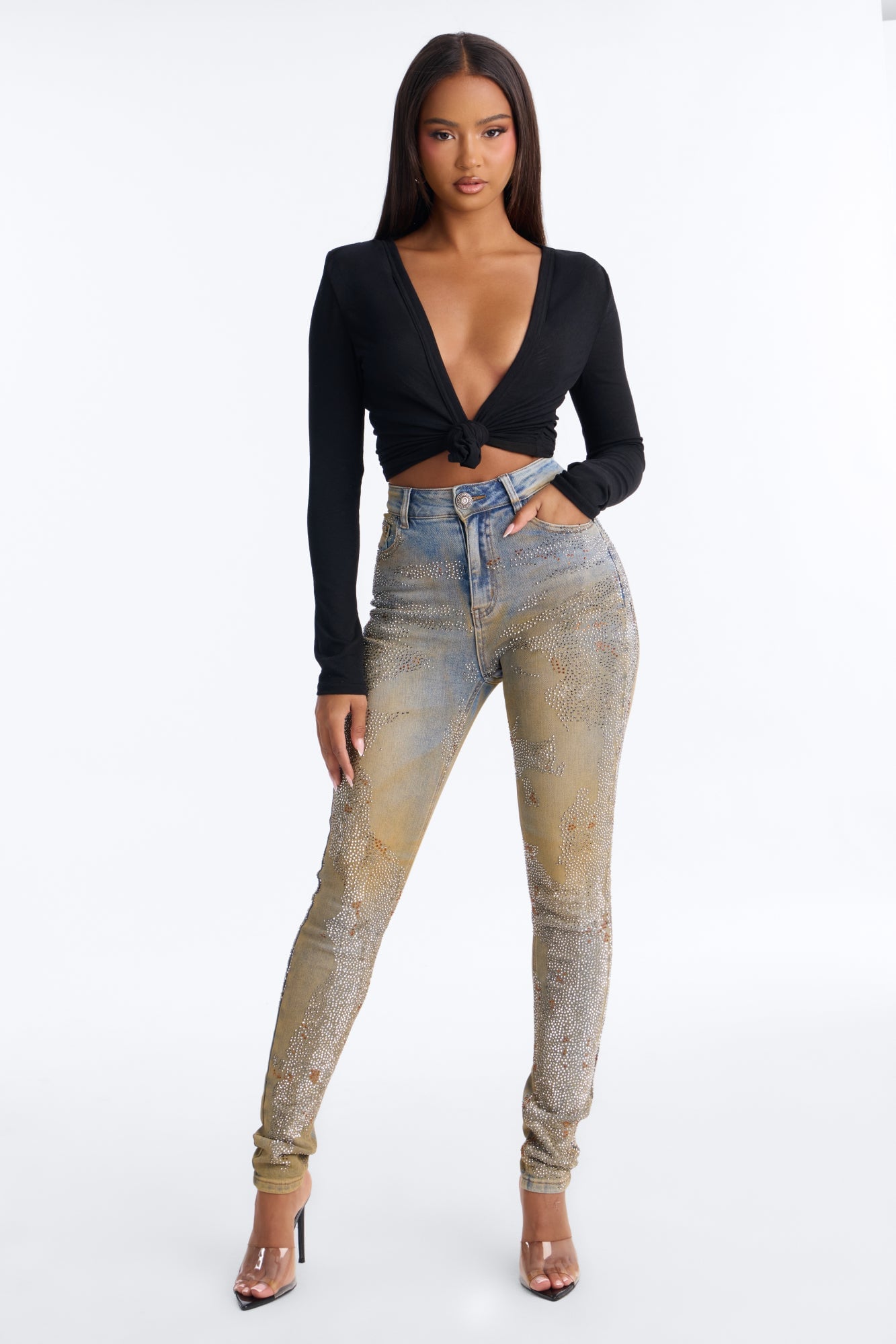 New York Nights High Rise Embellished Stretch Skinny Jeans - Vintage Wash image 2