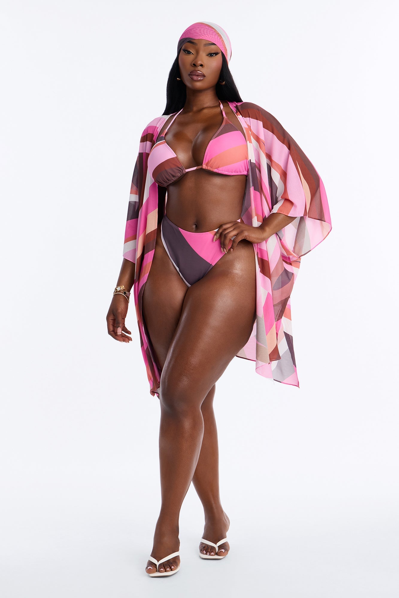 Sea Bliss Geometric Head Scarf 4 Piece Bikini Kimono Set - Pink/combo image 1