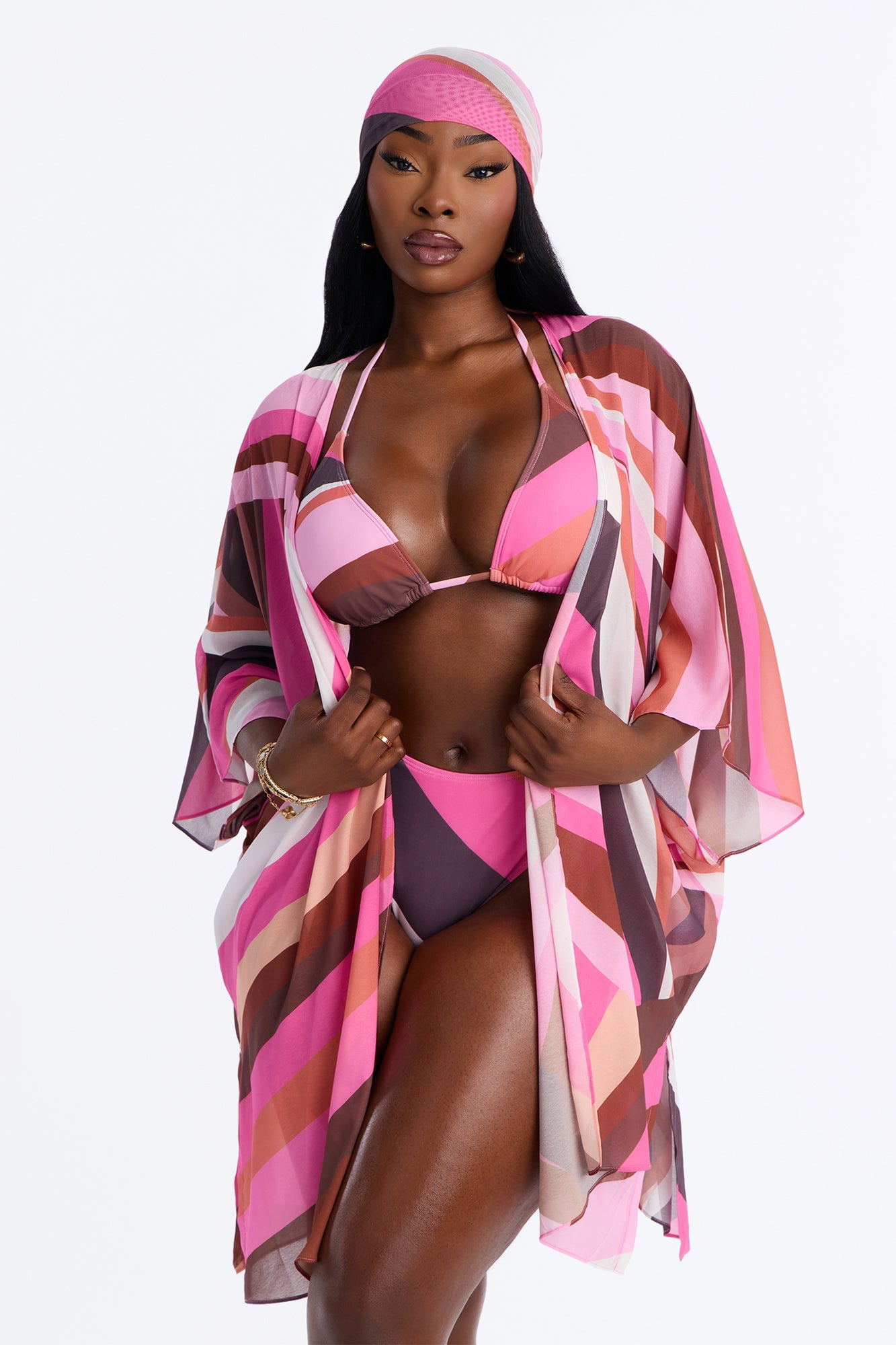 Sea Bliss Geometric Head Scarf 4 Piece Bikini Kimono Set - Pink/combo image 2