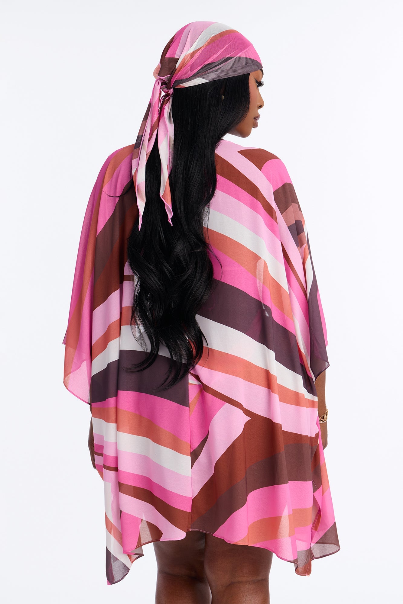 Sea Bliss Geometric Head Scarf 4 Piece Bikini Kimono Set - Pink/combo image 4