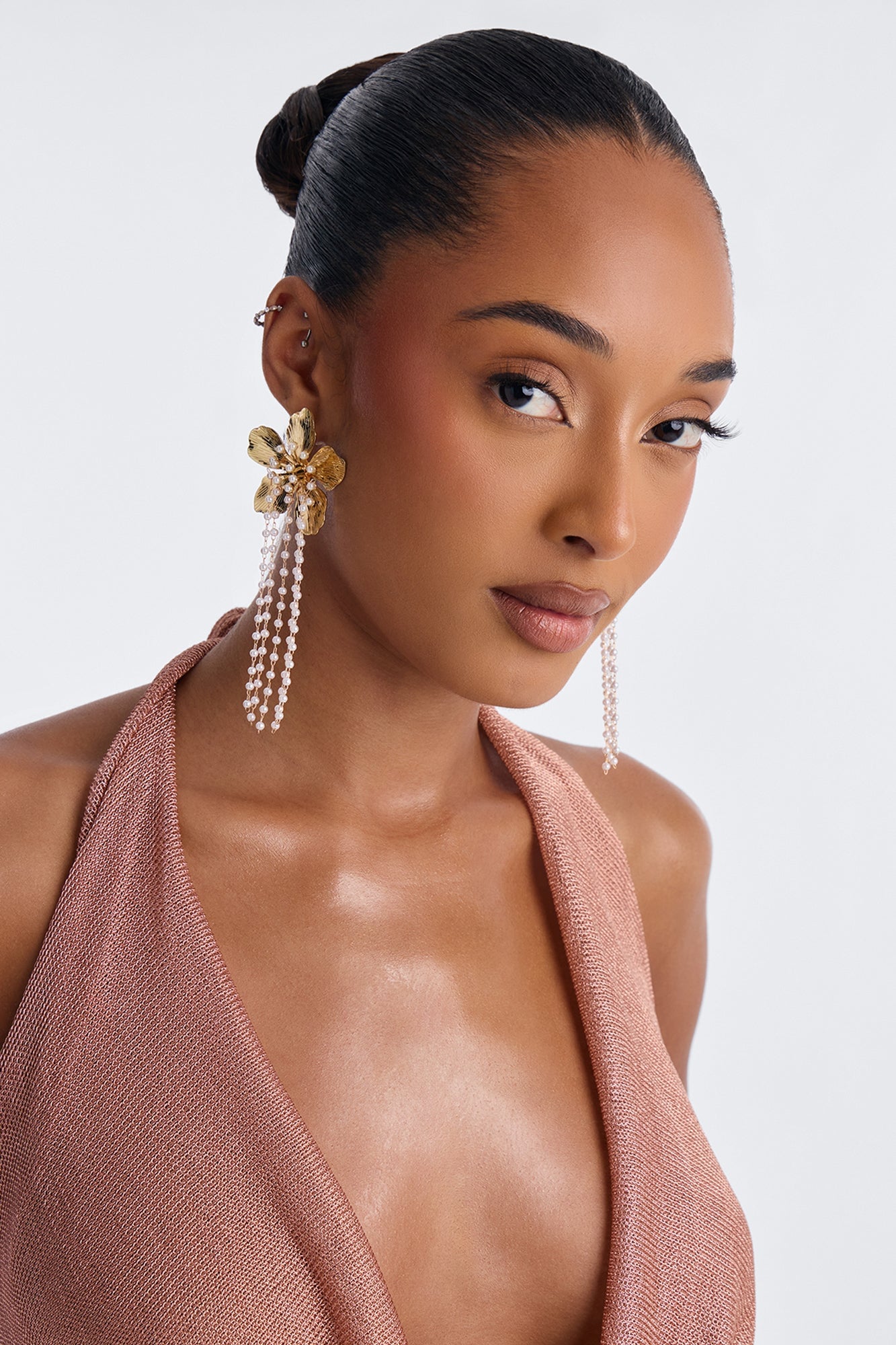 Pearl Kissed Petal Drop Earrings - Gold image 1