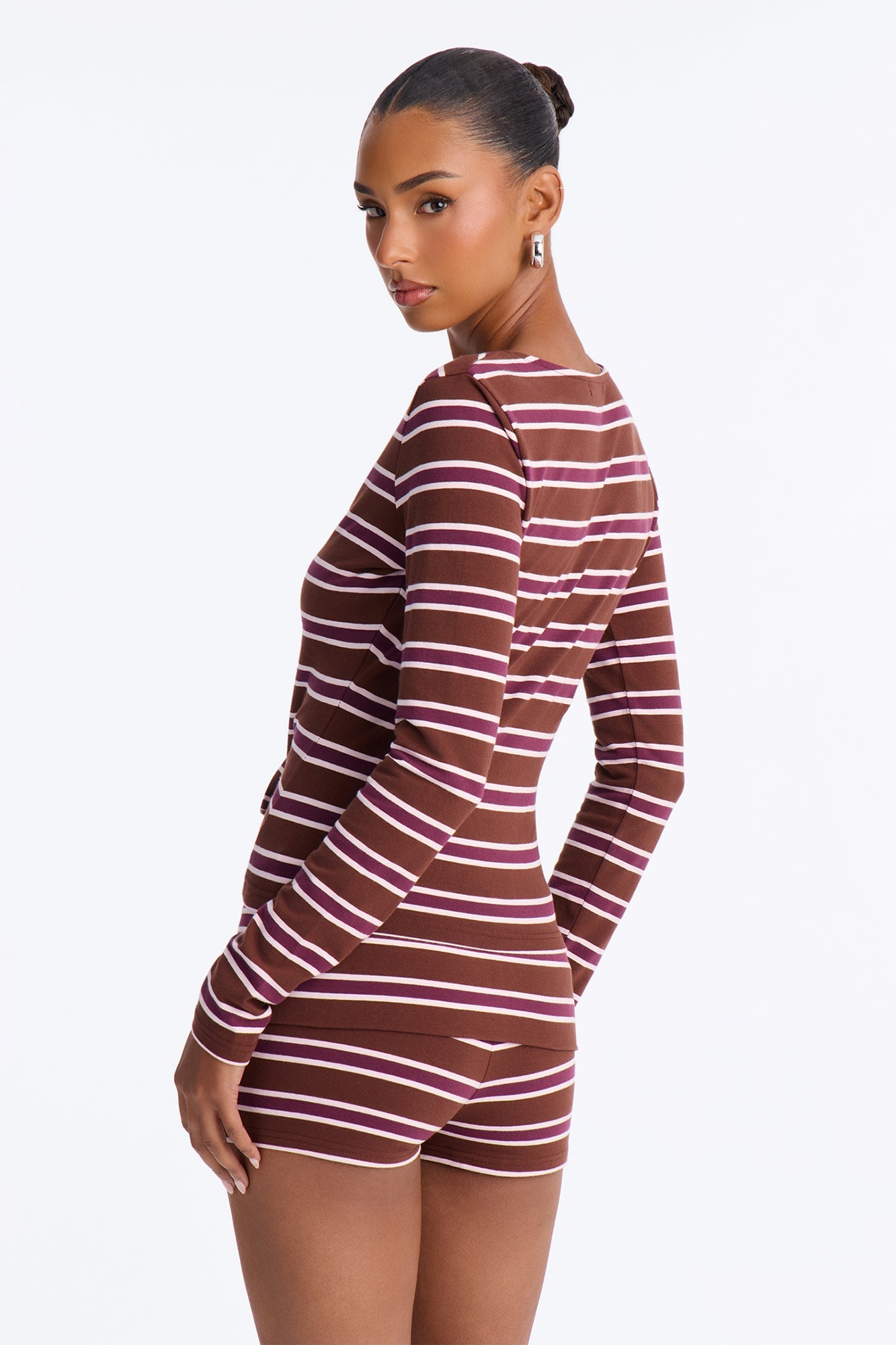 Mina Striped Button Up Knit Top - Brown/combo image 4