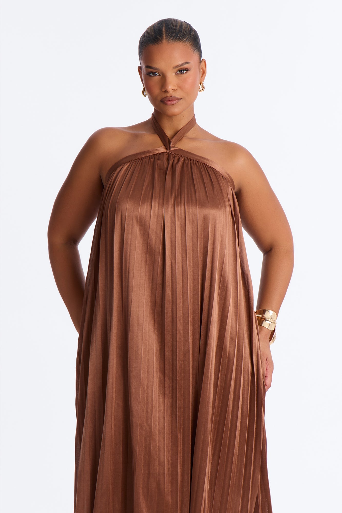 Monique Backless Pleated Satin Maxi Dress - Bronze image 2