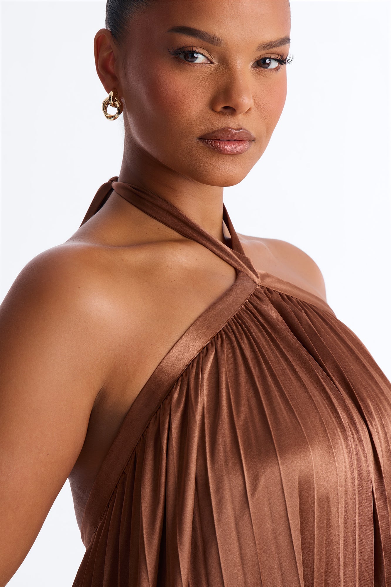 Monique Backless Pleated Satin Maxi Dress - Bronze image 3