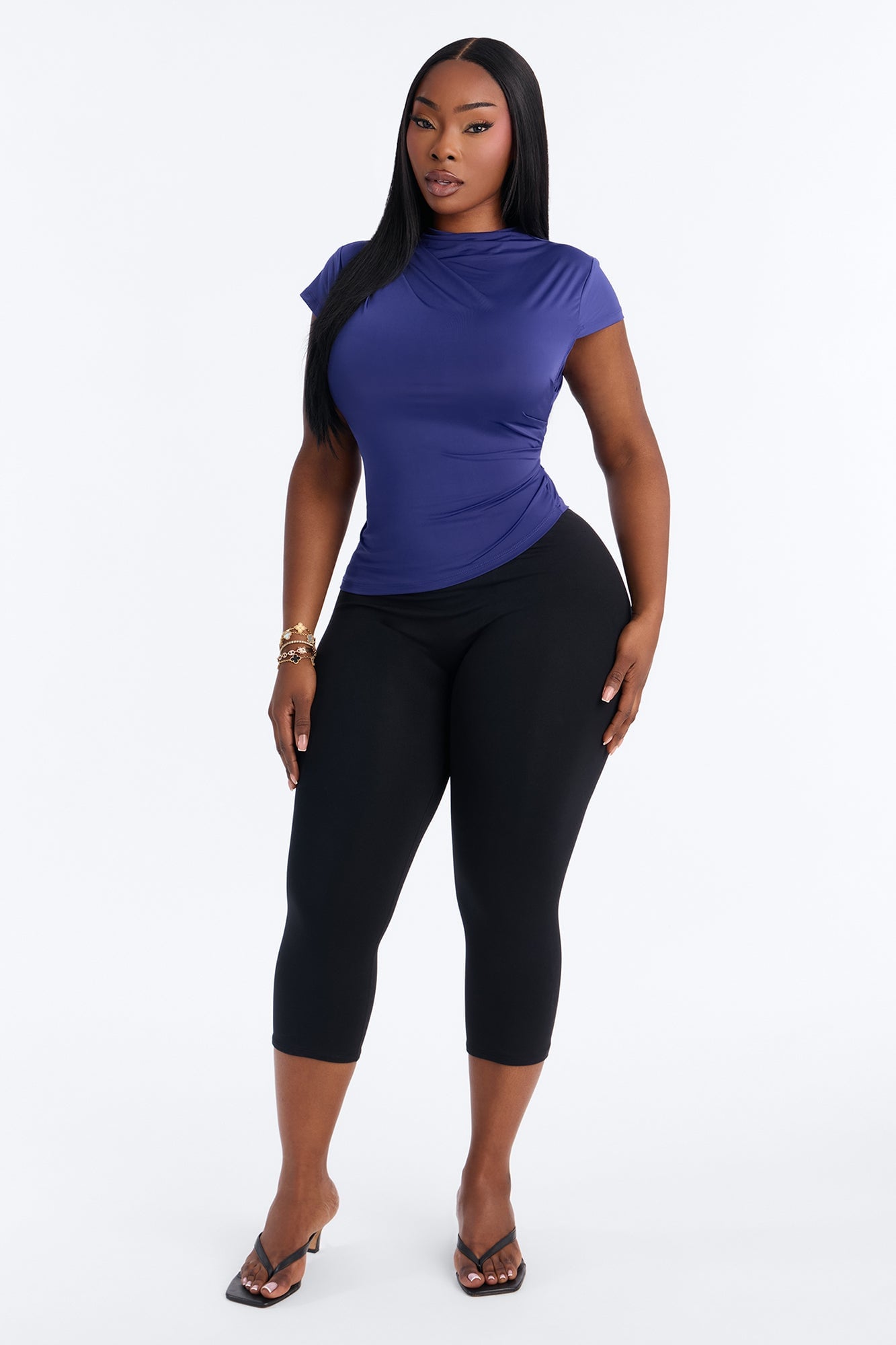 Ines Asymmetrical Ruched High Neck Top - Navy image 1