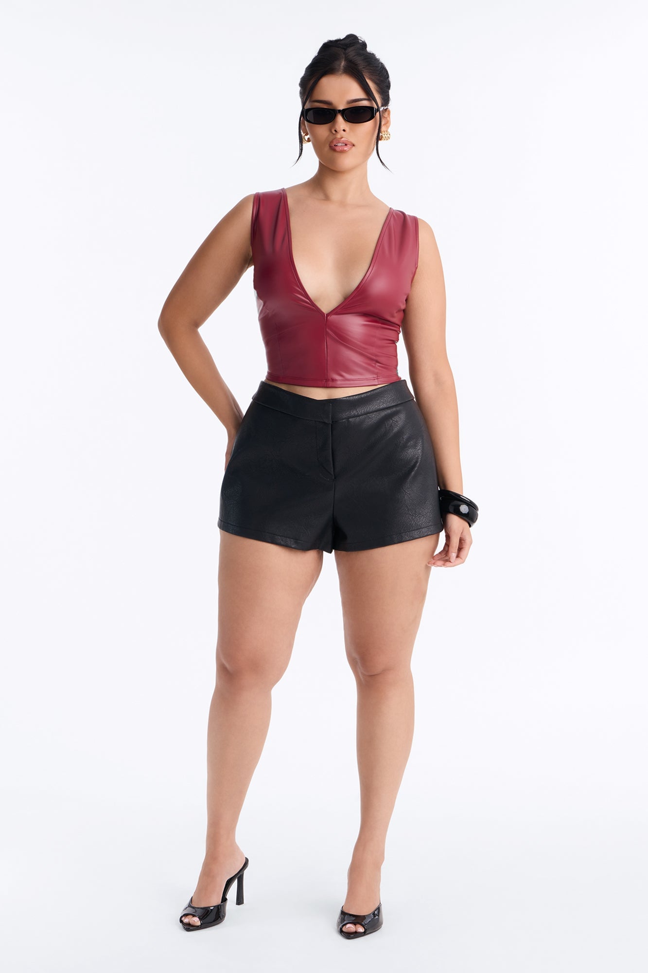 Angelina Faux Leather Top - DarkRed image 2