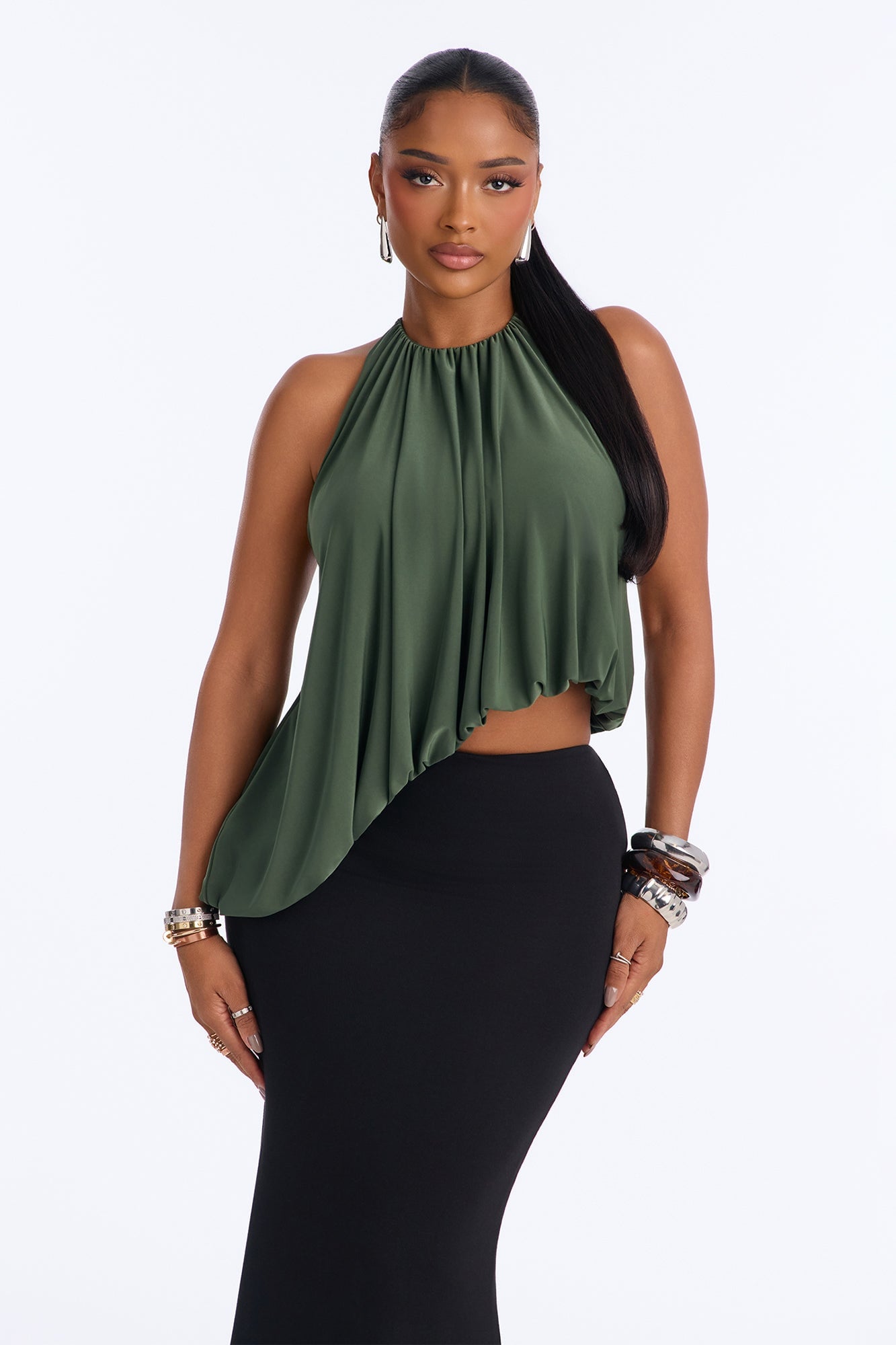 Selena Ruched Asymmetrical Halter Top - Olive image 5