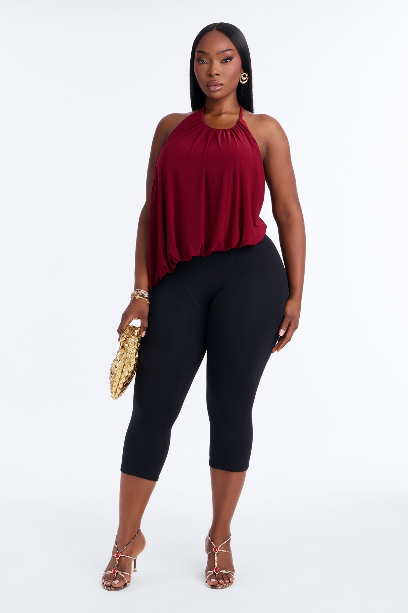 Selena Ruched Asymmetrical Halter Top - Wine image 2