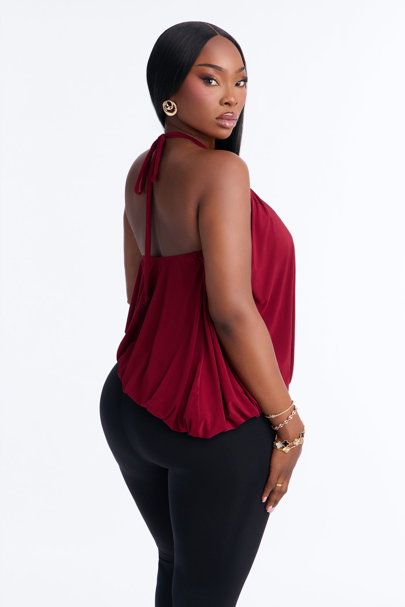 Selena Ruched Asymmetrical Halter Top - Wine image 3