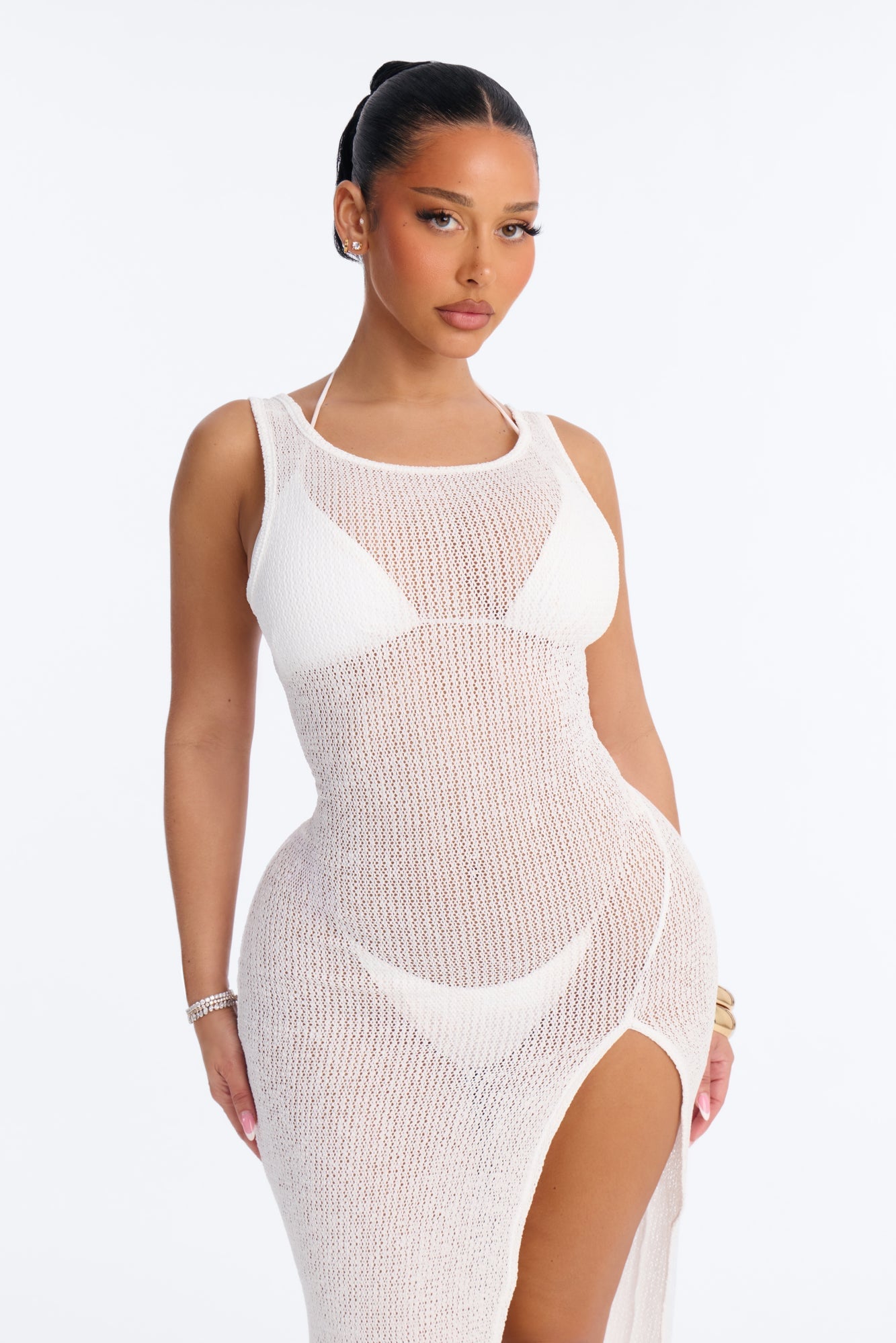 Ocean Breeze Knit Slit Cover Up Maxi Dress - White image 6