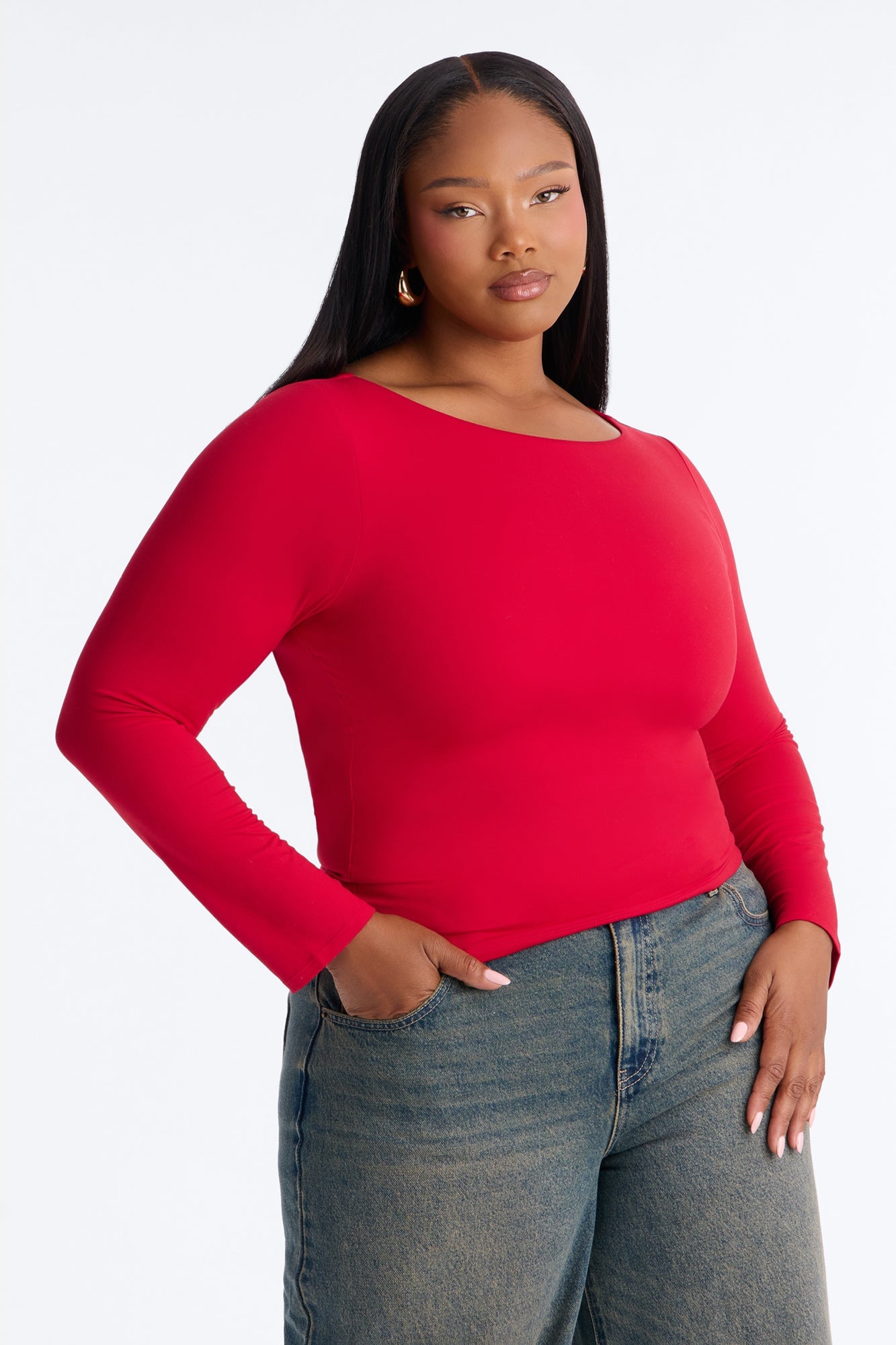 Mallory Long Sleeve Boat Neck Baby Tee - Red image 2