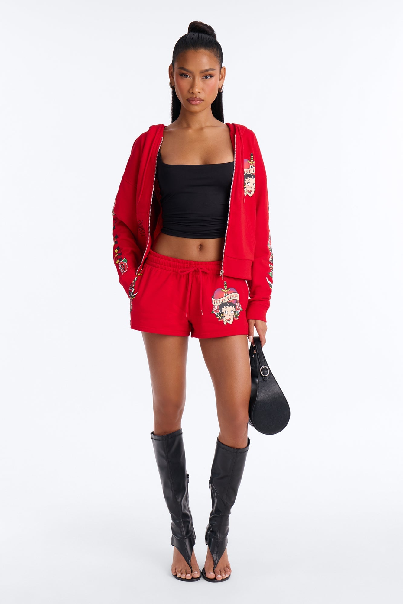 Betty Boop Tattoo Zip Up Crop Sweatshirt - Red image 7