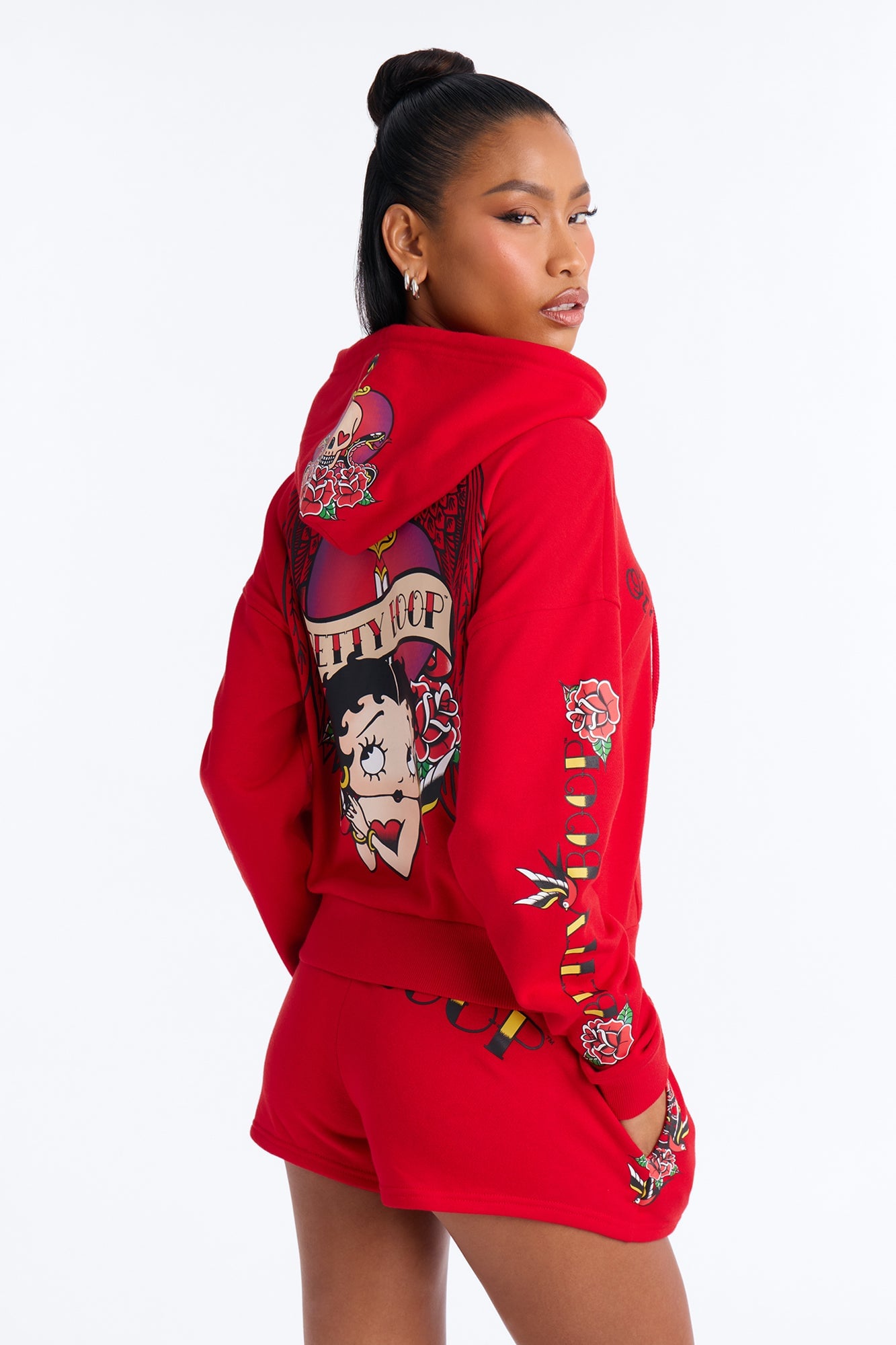 Betty Boop Tattoo Zip Up Crop Sweatshirt - Red image 8