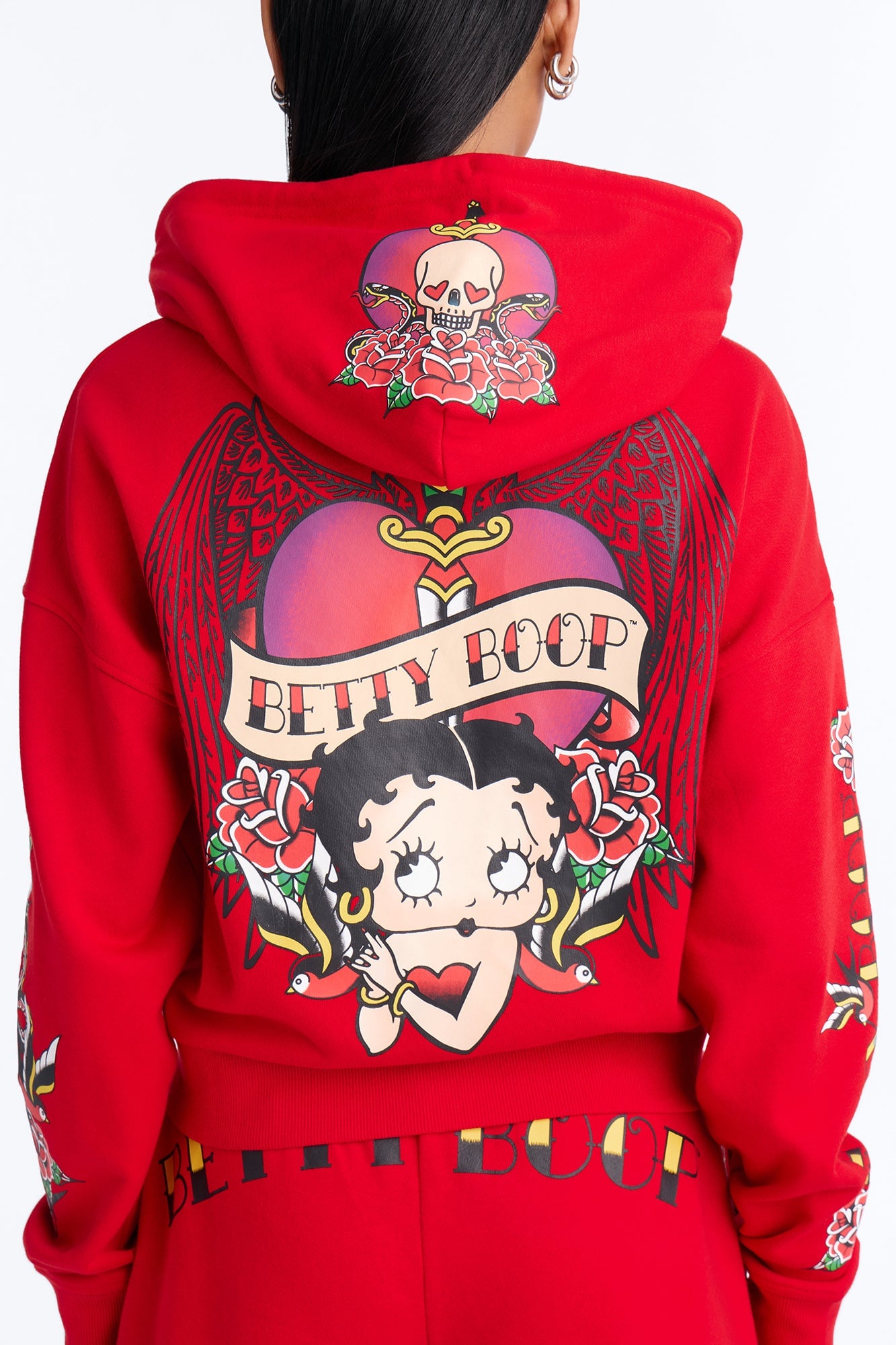 Betty Boop Tattoo Zip Up Crop Sweatshirt - Red image 9