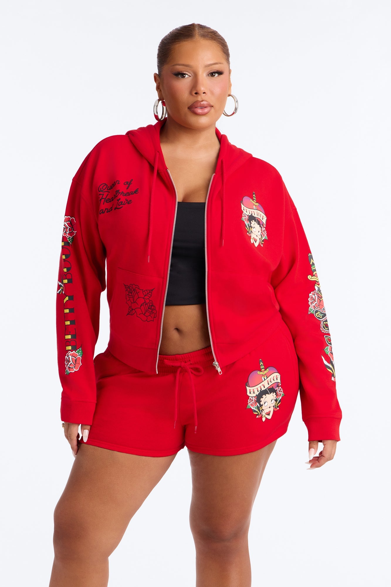 Betty Boop Tattoo Zip Up Crop Sweatshirt - Red image 1