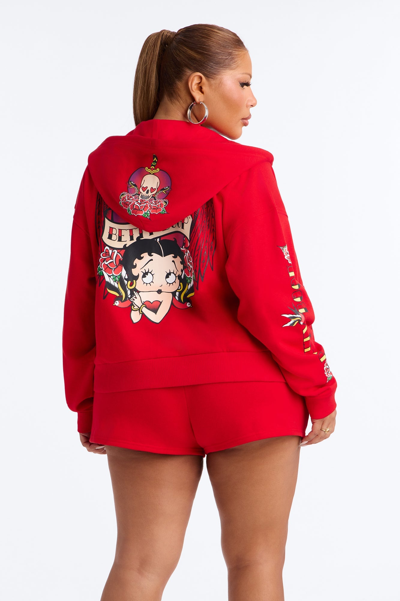 Betty Boop Tattoo Zip Up Crop Sweatshirt - Red image 2