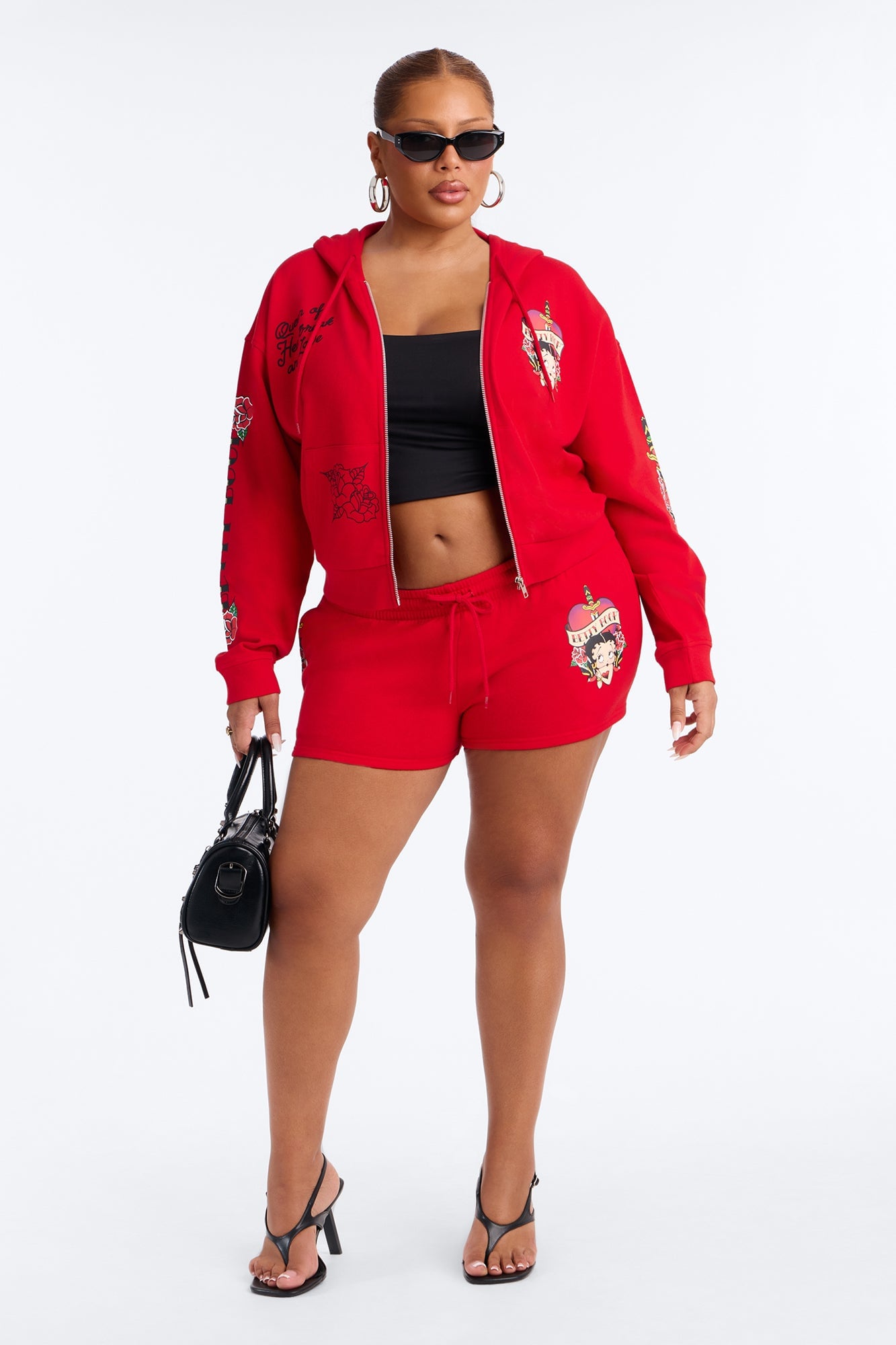 Betty Boop Tattoo Zip Up Crop Sweatshirt - Red image 3