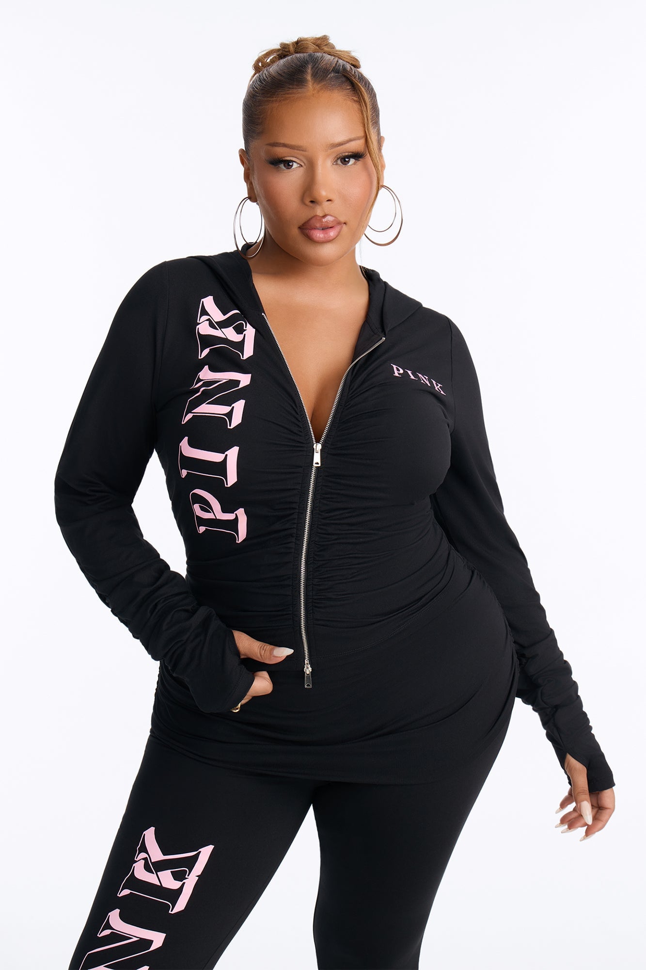 PINK London Ruched Zip-Up Sweatshirt - Black image 1