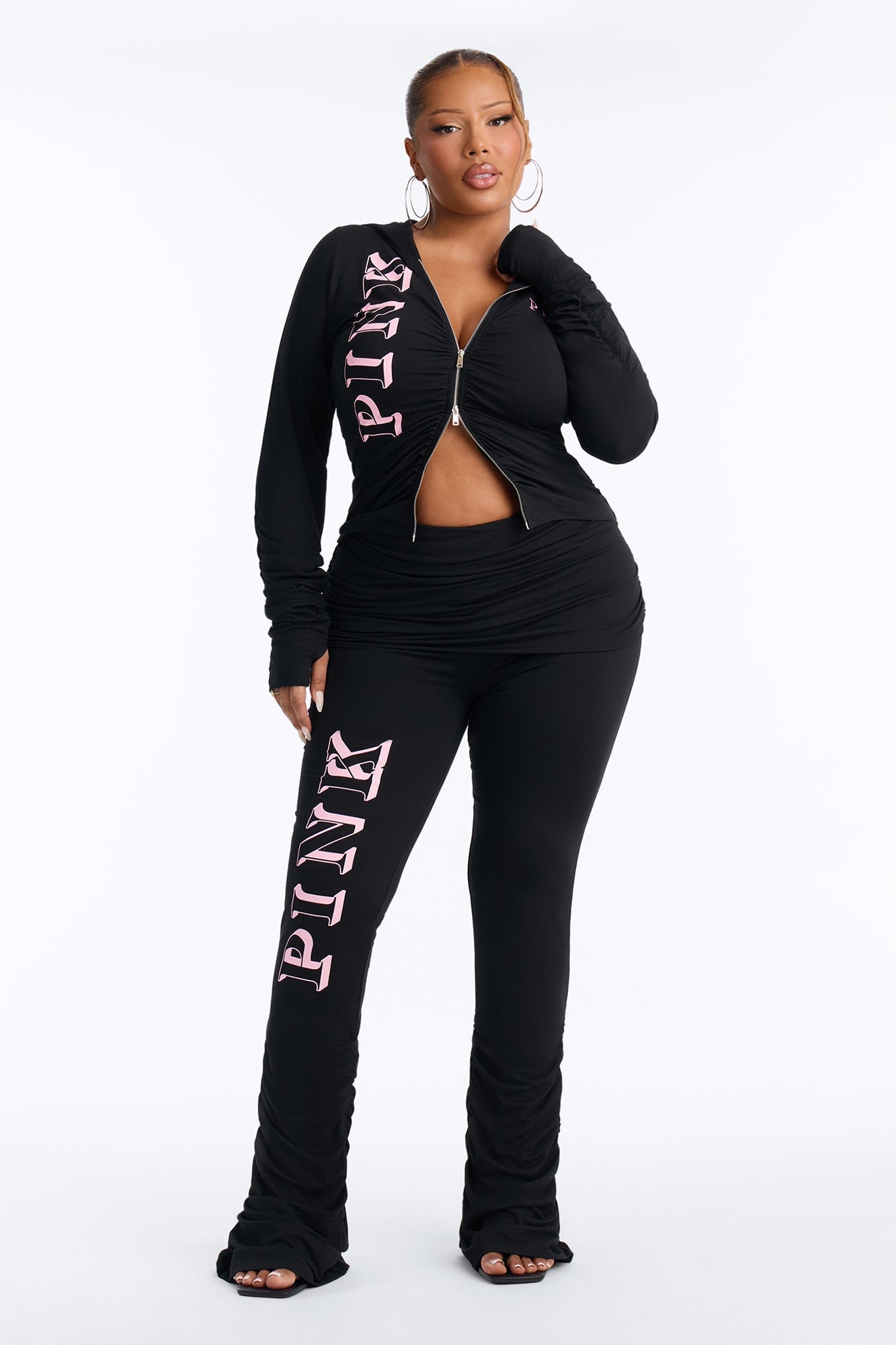PINK London Ruched Zip-Up Sweatshirt - Black image 2
