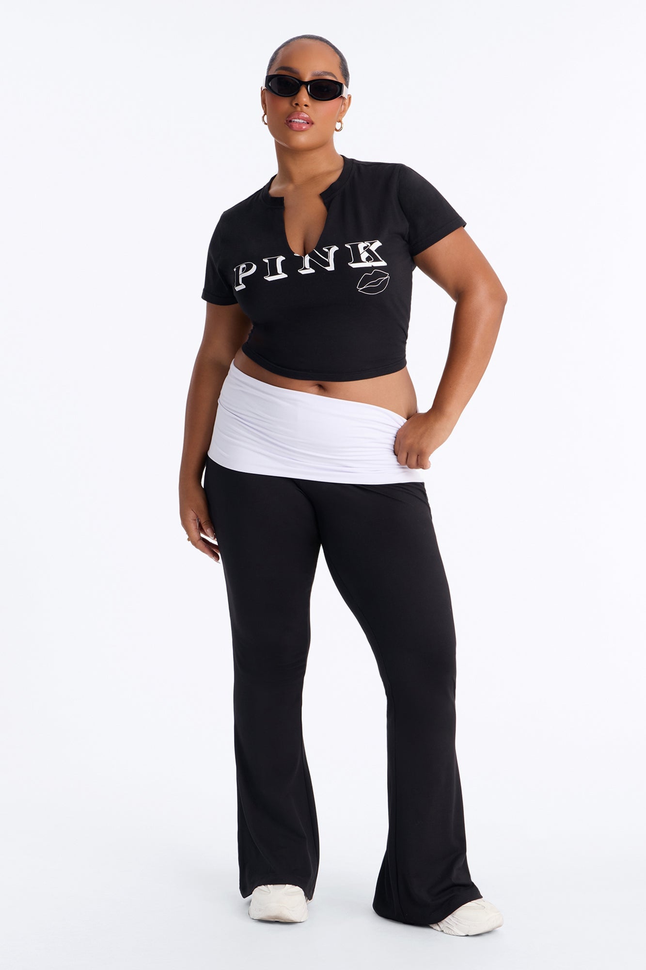 PINK London Foldover Logo Flare Pant - Black/White image 1